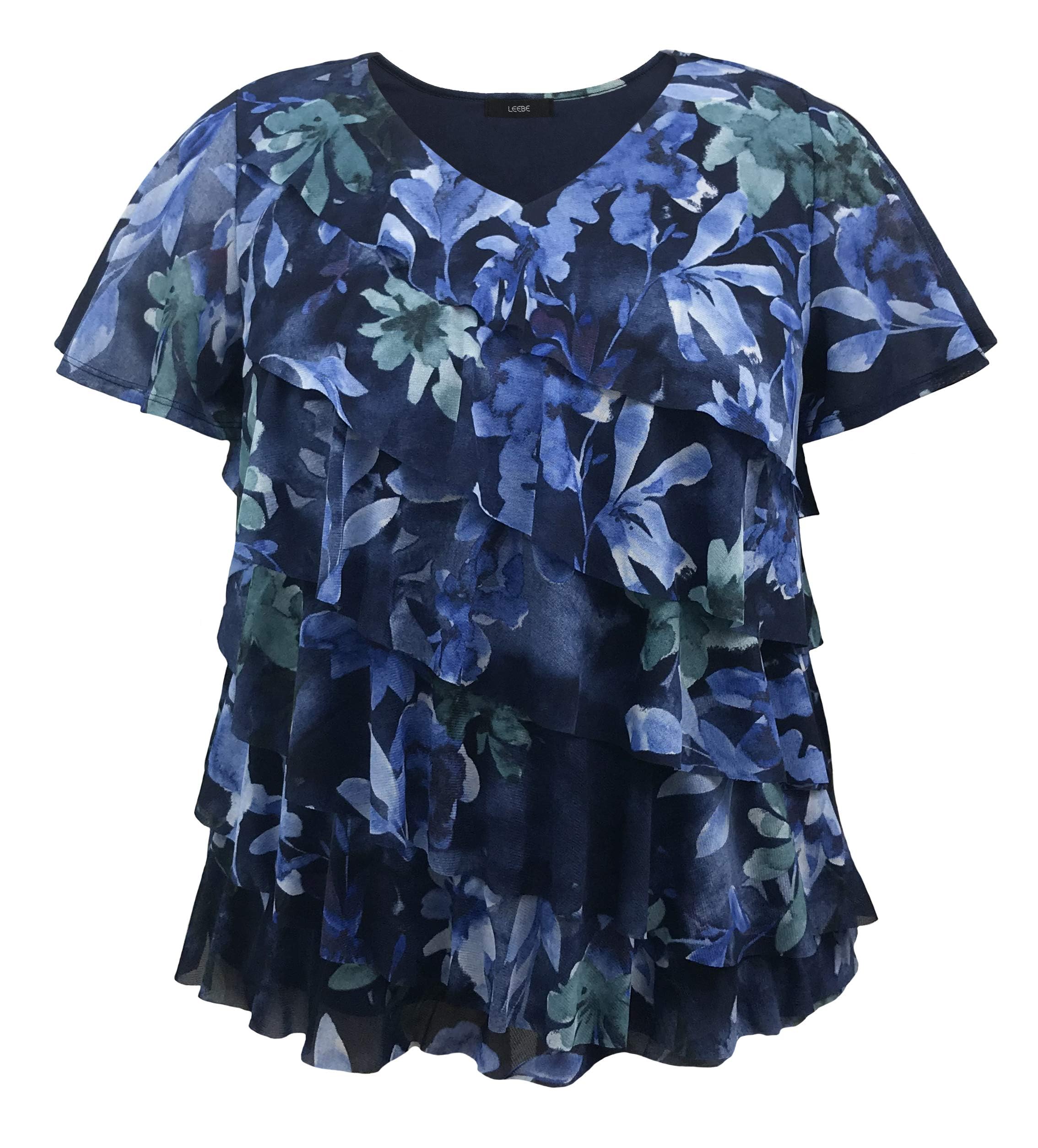 LEEBE Women and Plus Size Printed Mesh Ruffle Top (Small-5X)