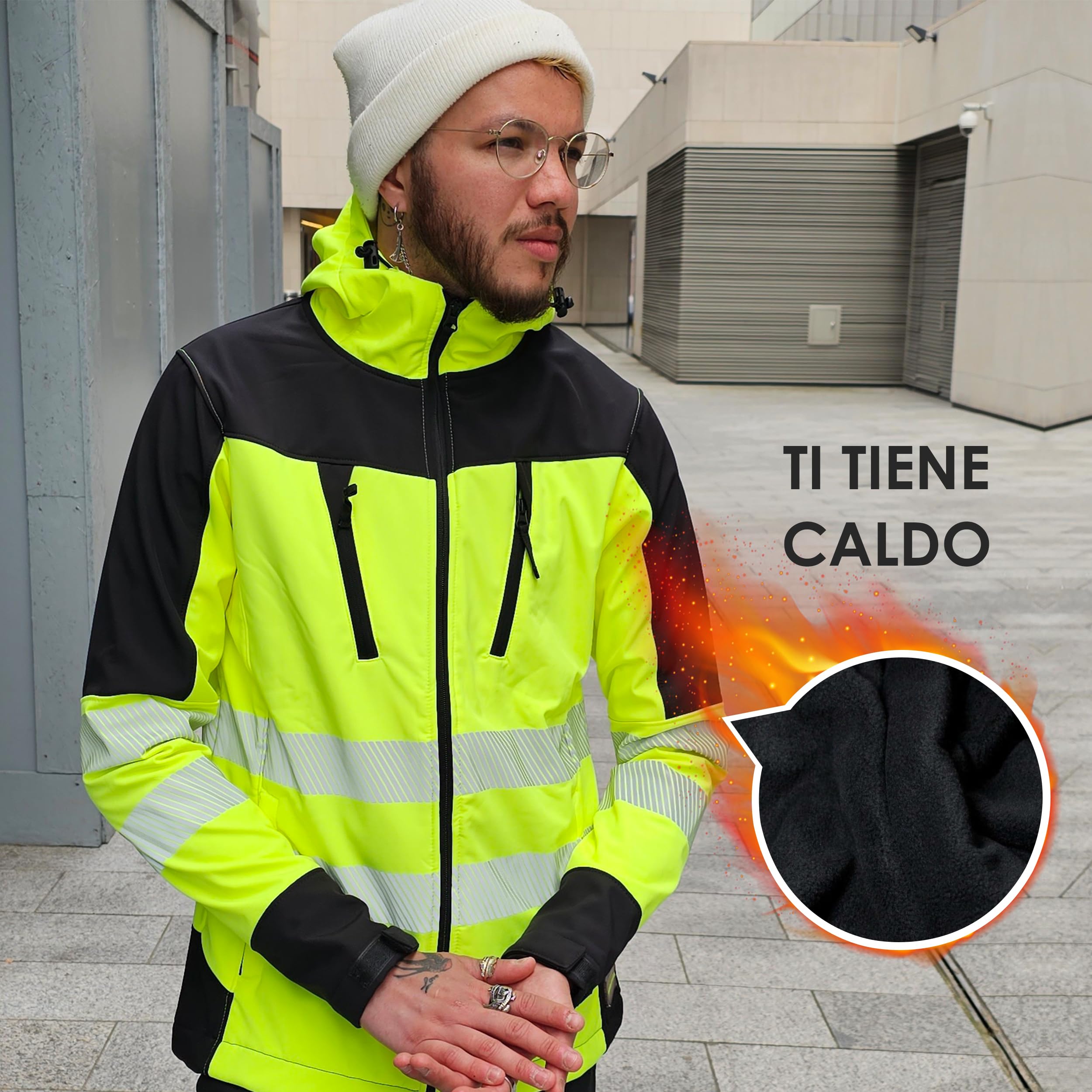 Giacca da lavoro da uomo ad alta visibilità, ad alta visibilità, ad alta visibilità, ad alta visibilità, con cappuccio, cappotto di sicurezza altamente visibile, giacca softshell, antivento,