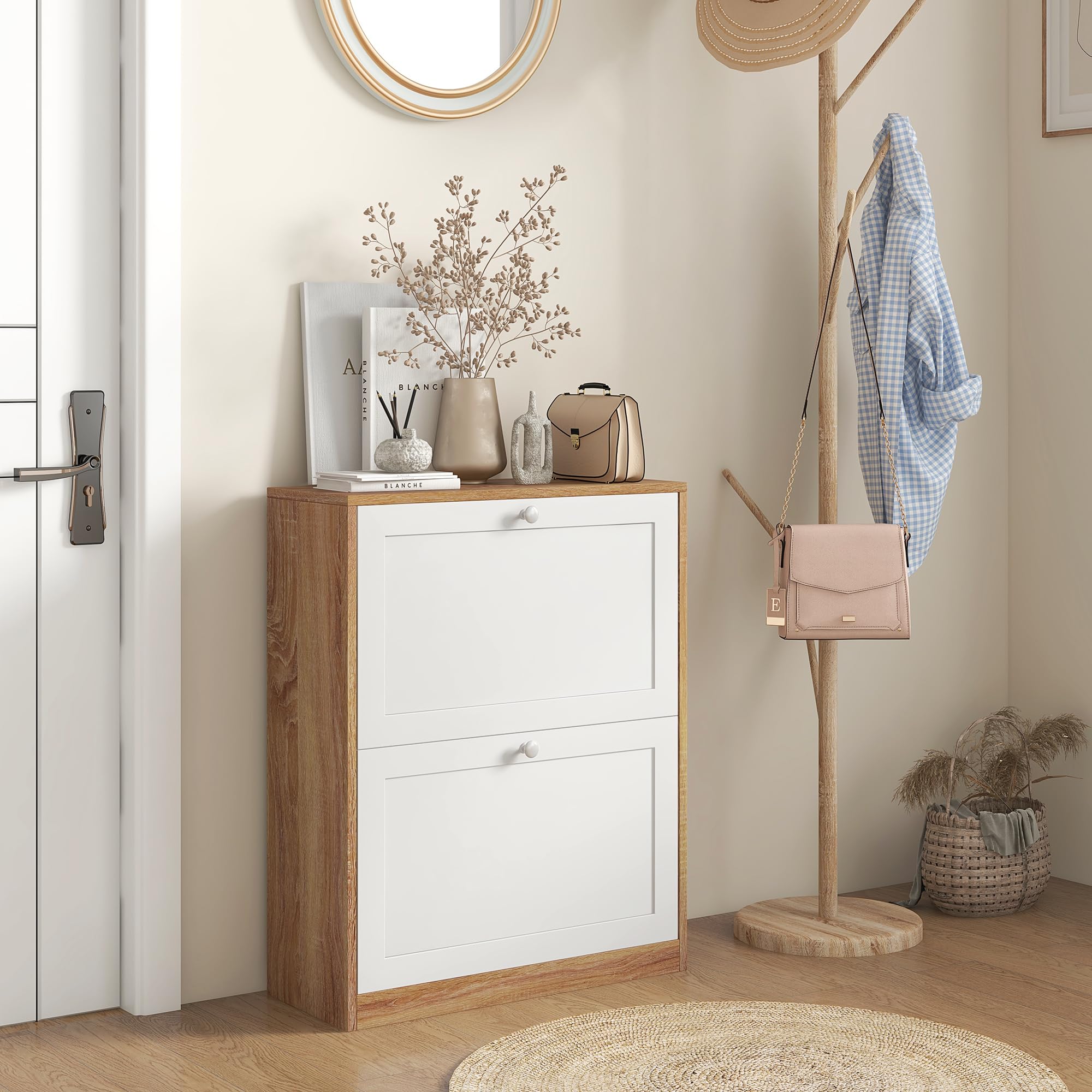 HOMCOM Scarpiera Slim con 3 Ripiani Regolabili a 2 Livelli o Rimovibili per 12 Paia, Mobile Scarpiera in Truciolato e MDF Salvaspazio, 60x24.5x75.5 cm, Bianco e Rovere