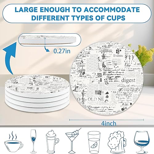 Miniatura 2 de Juego de 4 posavasos para bebidas, diseño vintage de página de libro antiguo, posavasos redondos de 4 pulgadas, posavasos de cerámica absorbente con