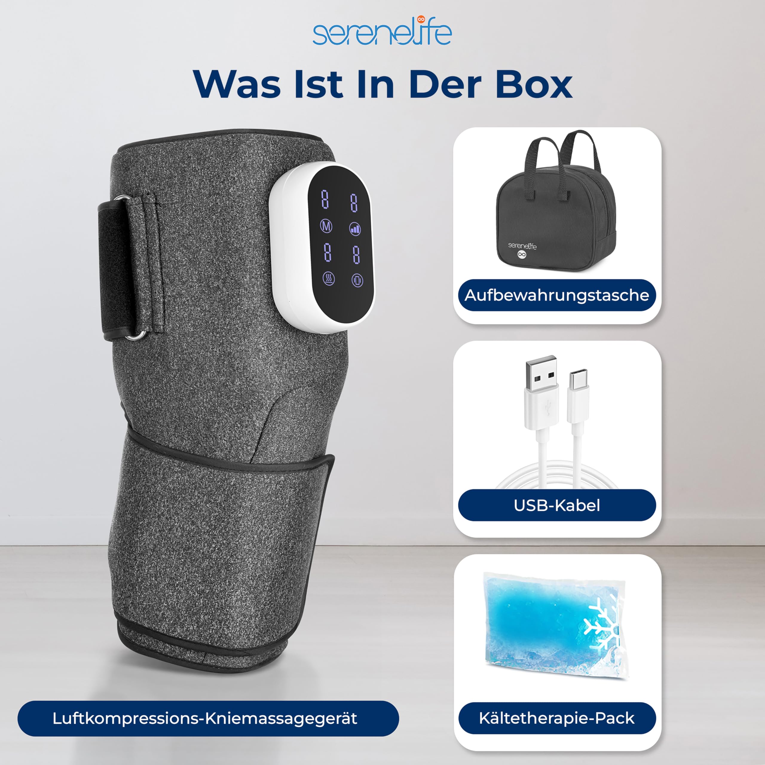 SereneLife Knie-Massagegerät – Kabellos, 3 Wärmestufen, Luftkompression, 4 Massage-Modi, Kühlpack & Tasche, Für Arthritis, Schwellungen, Steifheit, & Muskelverletzungen, Starker Akku, Geschenkidee