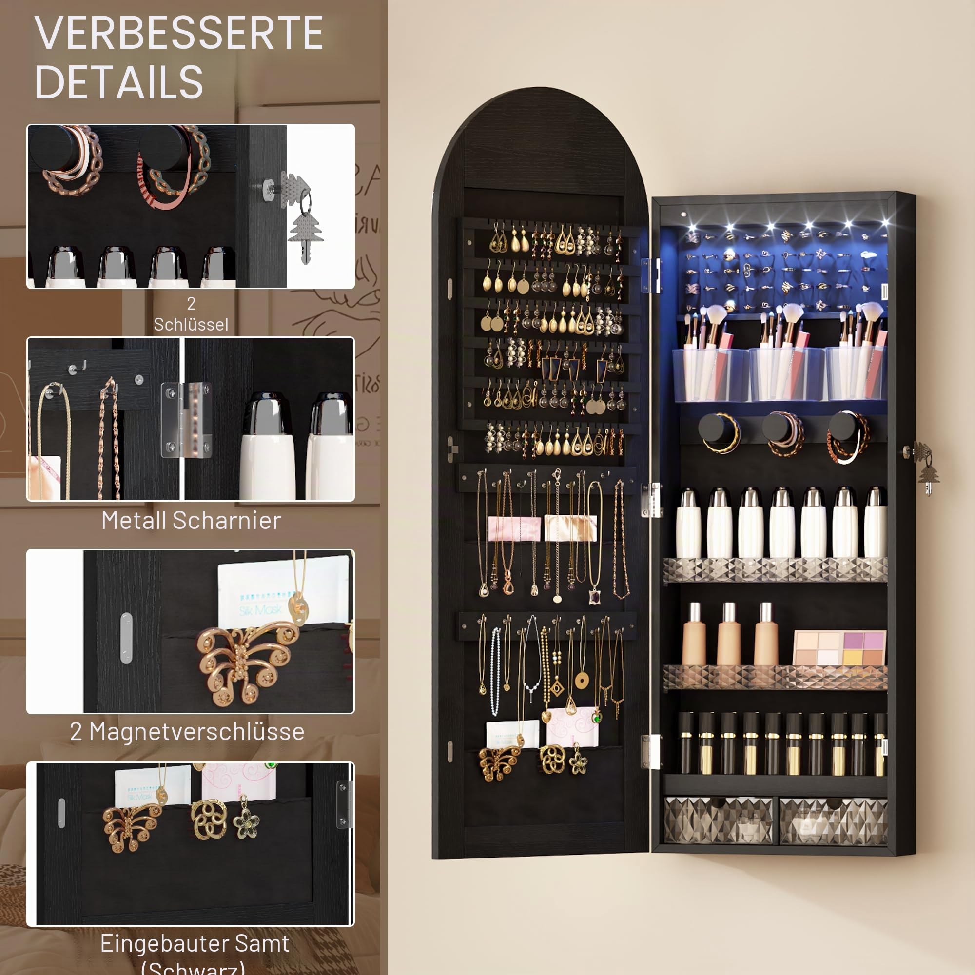 LVSOMT LED Gewölbter Schmuckschrank Hängend, Schmuckschrank mit Spiegel und Licht, Wand/Tür Hängend Schmuck Schrank Abschließbarer, Bogen Spiegel mit 3 Farben Licht, Höhenverstellbarer Haken, Schwarz