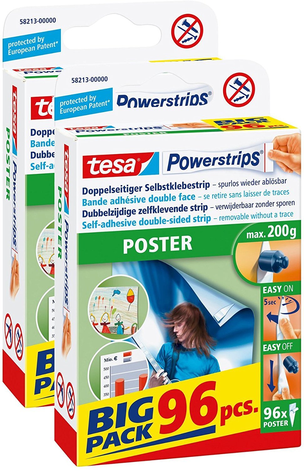 2er Vorteilspack tesa Powerstrips Strips POSTER, Big Pack 2x 96 Stück (2, POSTER, Big Pack 96 Stück)