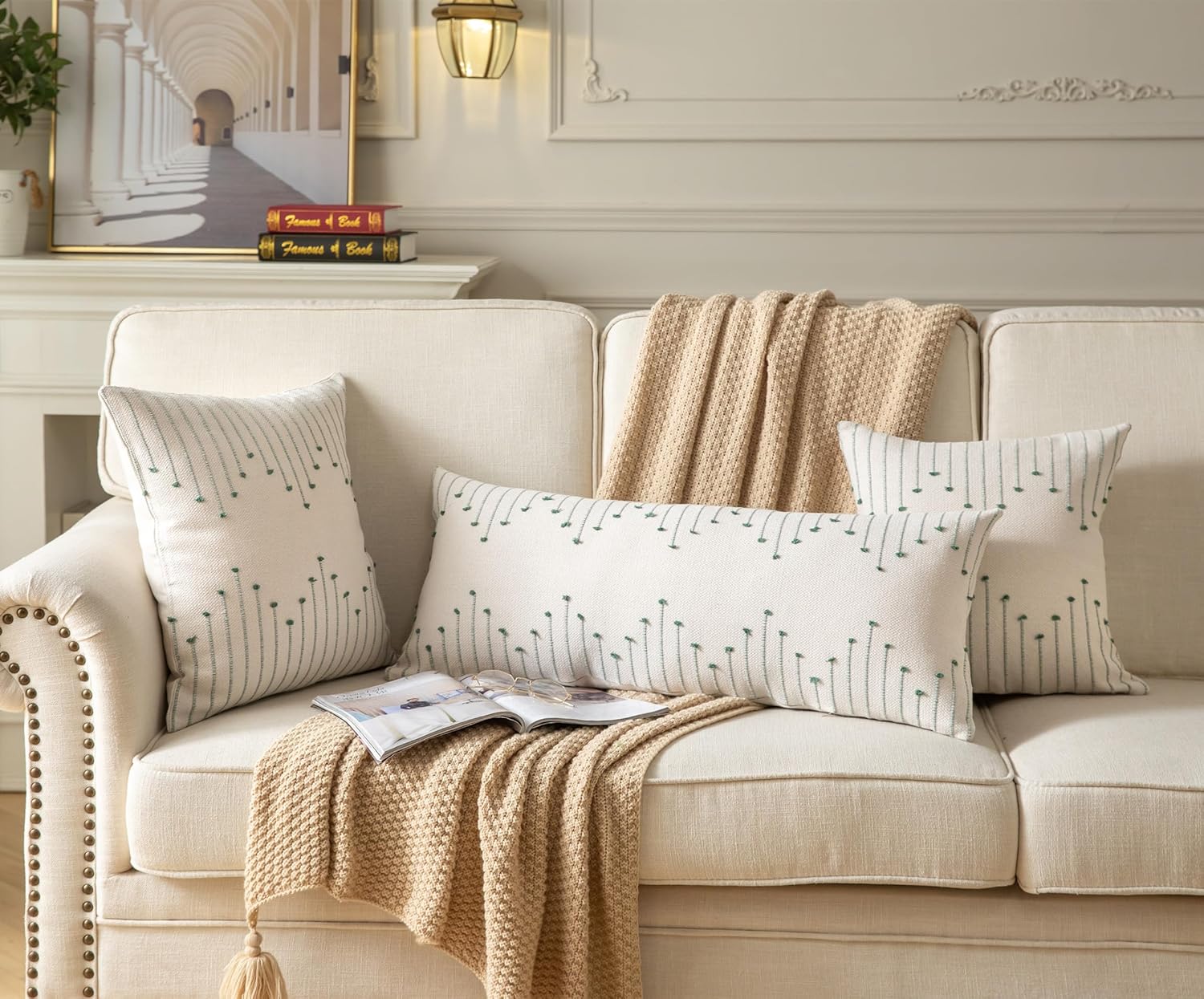 Caflife Boho Lumbar Pillow Cover 14x36 Long Pack of 1 Decorative Pillows Bed, Beige with Green Body Throw Pillow Covers, for Modern Farmhouse Sofa Bedroom Living Room Home Decor Couch Pillowcase