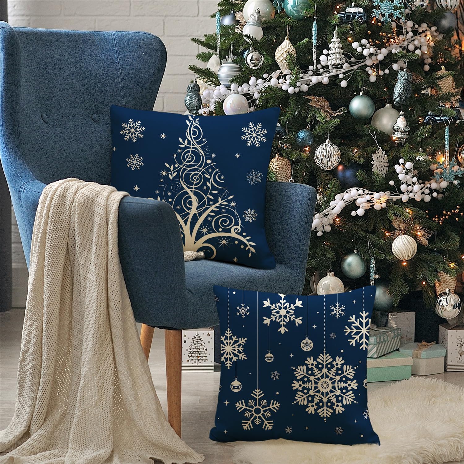 Christmas Pillow Covers 18x18 Blue Christmas Decorations Snowflake Throw Pillow Covers Xmas Tree Ornaments Winter Holiday Decor Cushion Case for Sofa Couch Set of 4