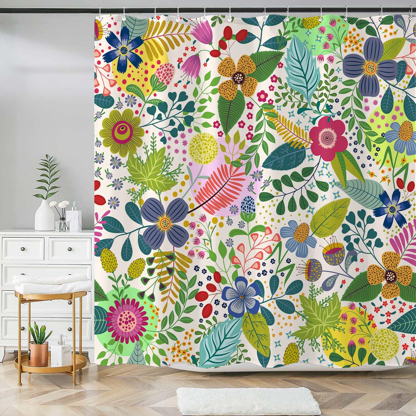 Aipon Colorful Floral Shower Curtain Boho Flower Green Leaf Shower Curtains for Bathroom Spring Wildflower Botanical Plant Bohemian Waterproof Fabric