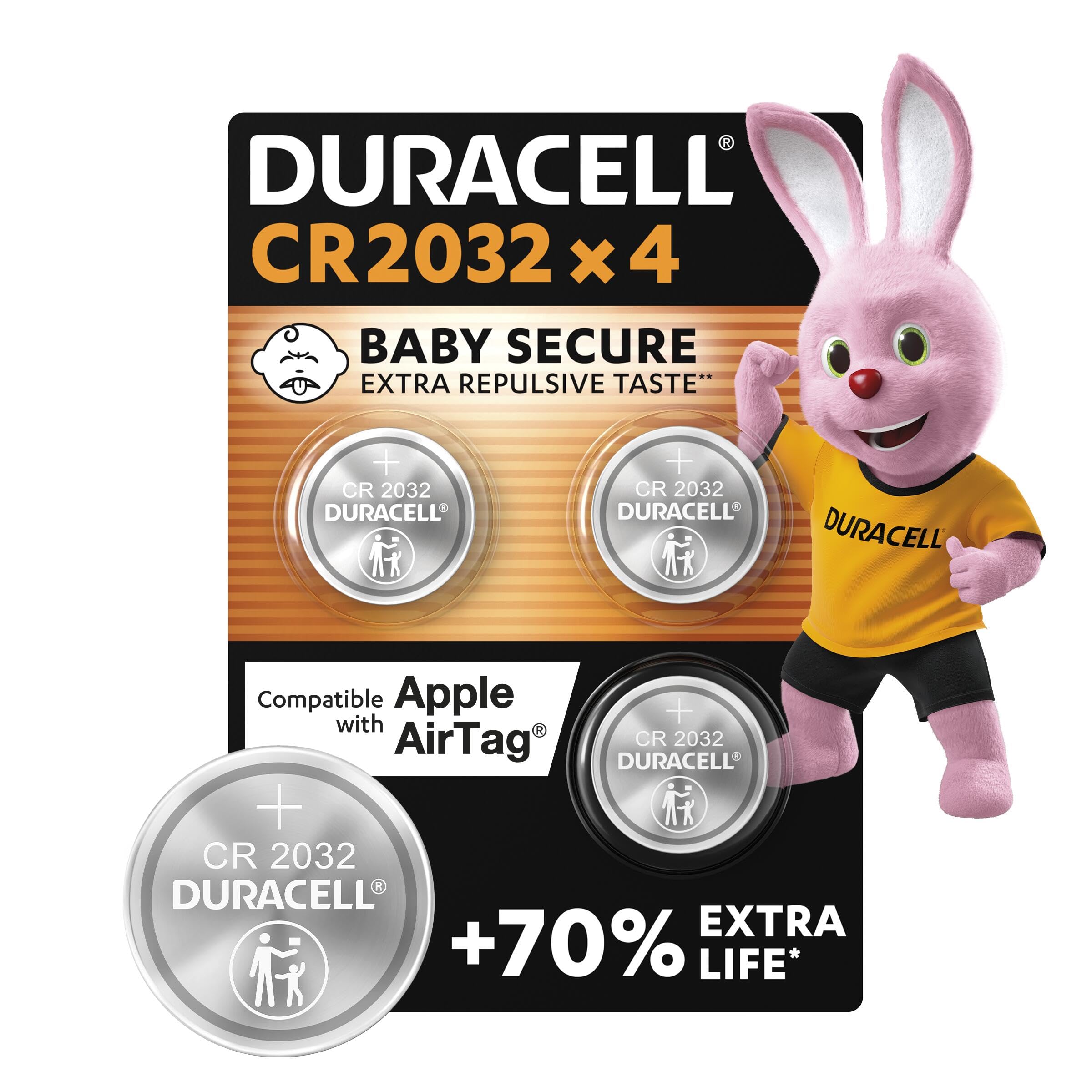 Duracell CR2032 Lithium Coin Batteries 3V (4 Pack) - Up to 70% Extra Life* - Baby Secure Technology & Packaging – For Apple AirTags, Key Fobs, Home Devices, Fitness and Medical Accessories