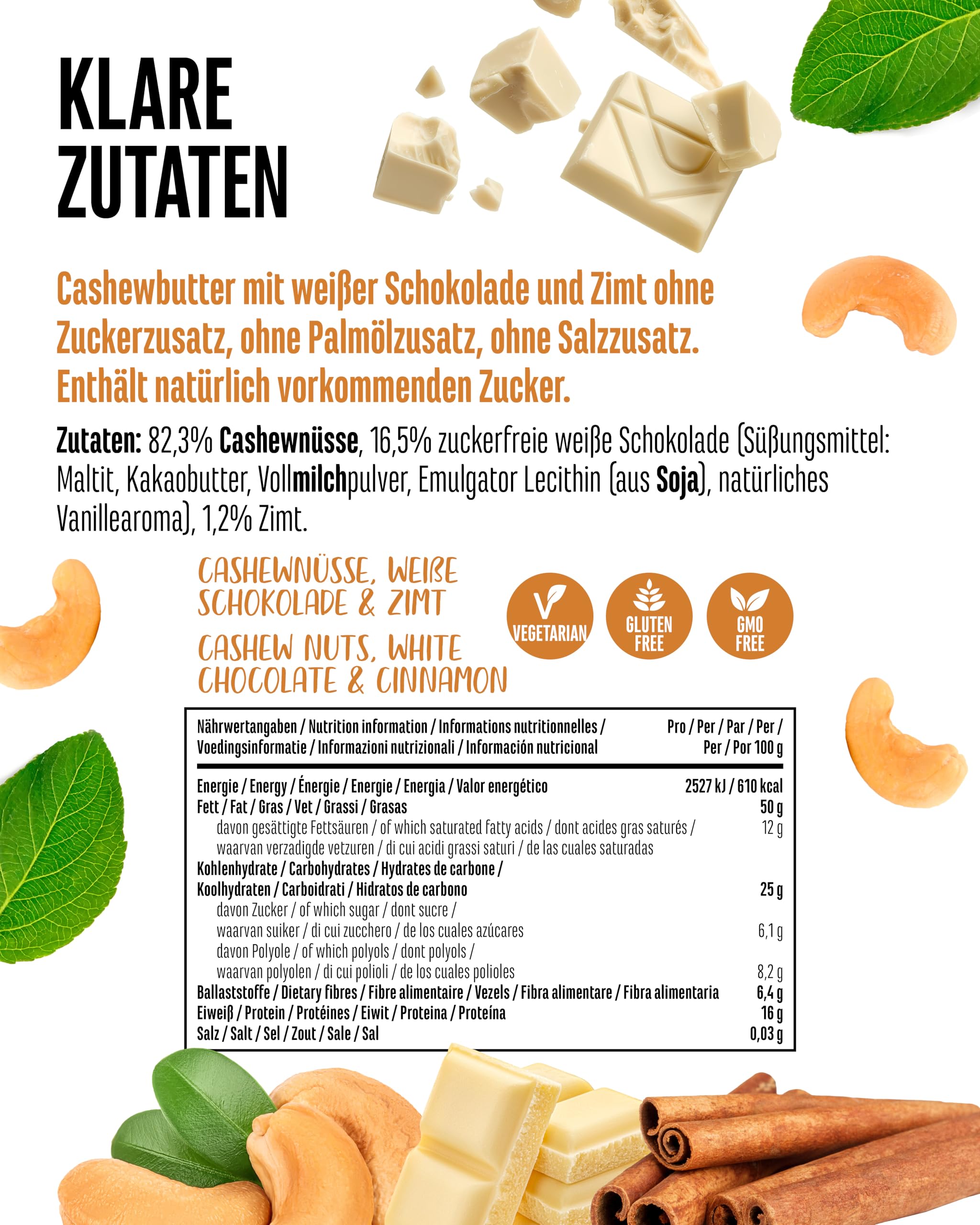 Cashewbutter mit weißer Schokolade & Zimt - 1kg natürliche Cashew Butter - Natürliche Proteinquelle - Cashewmus ohne Zusätze von Salz, Öl oder Palmfett, cremig, smooth | 82,3 % Cashews, ohne Zuckerzusatz & Palmöl, cremig-smooth