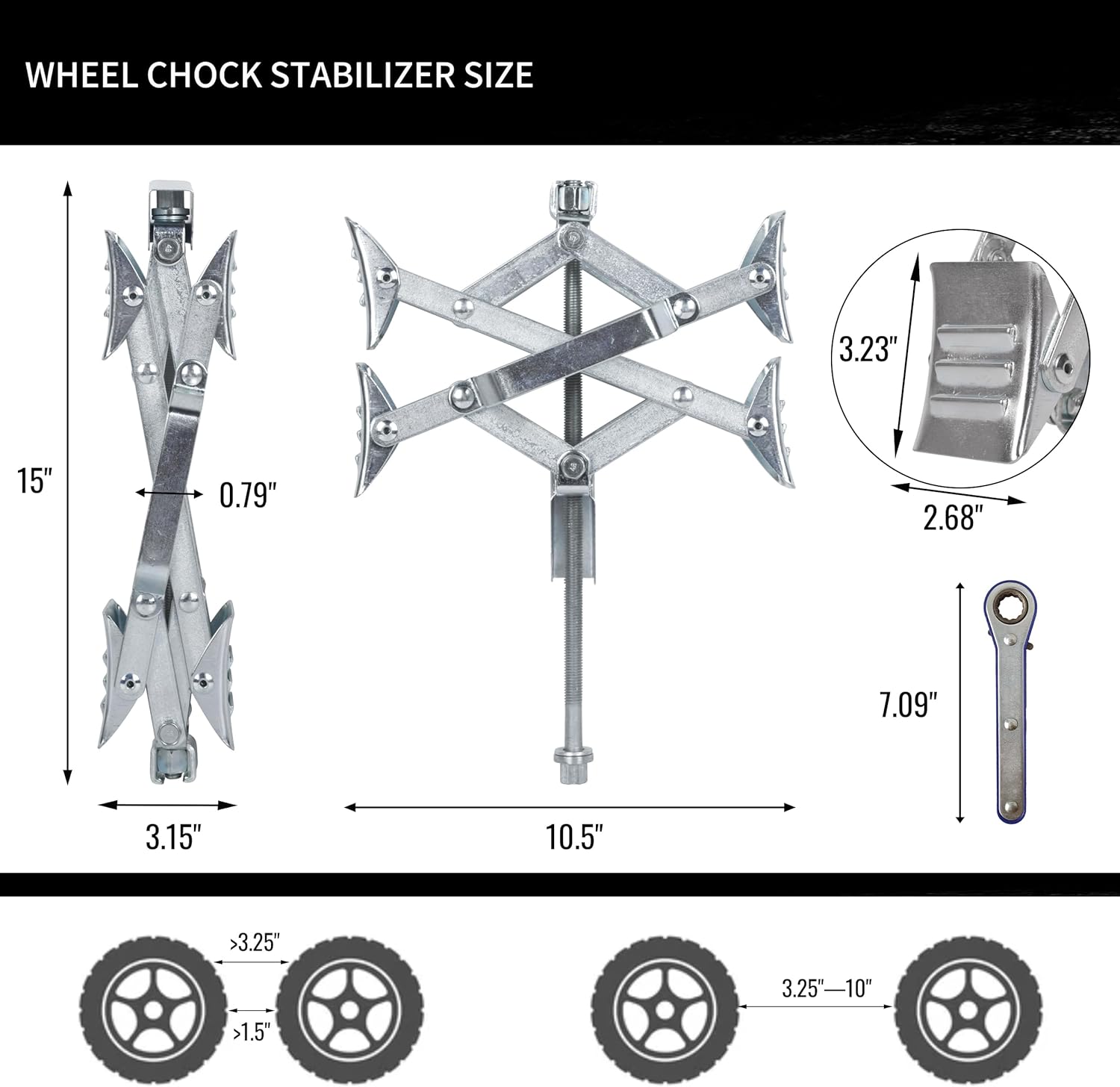 Camper Wheel Chock Stabilizer, X-shaped RV Tire Stabilizers with Wrench and Lock, Fit for 3.25" to 10" Tire Space Corrosion Resistant for Dual Axel RV Travel Trailer Camper Trucks 2 Pieces
