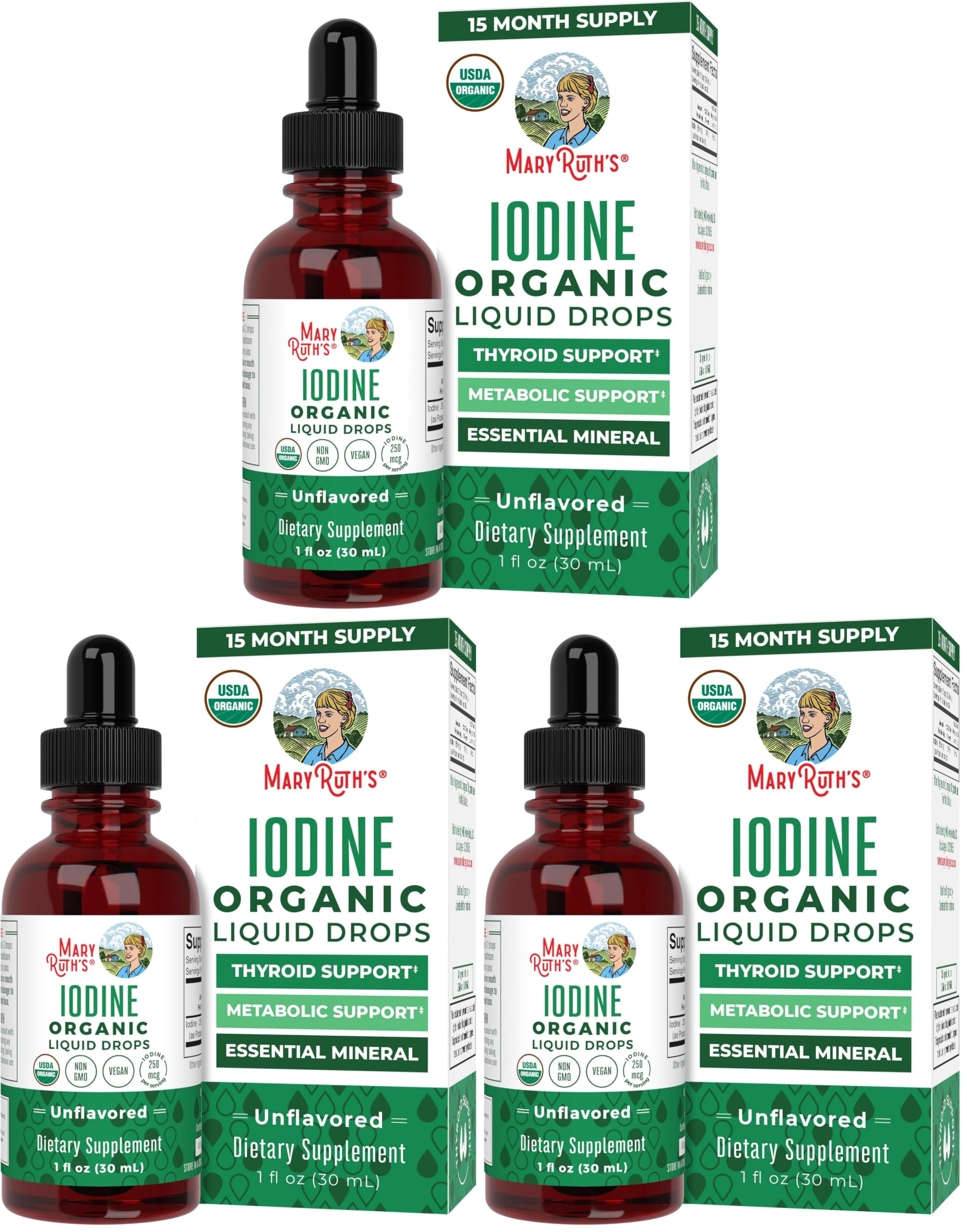 MaryRuth Organics Iodine Liquid Drops | Potassium Iodide | 1 Year Supply | 450 Servings | Thyroid Health | USDA Organic| Vegan | Non-GMO | Gluten Free | 1 Fl Oz (Pack of 3)