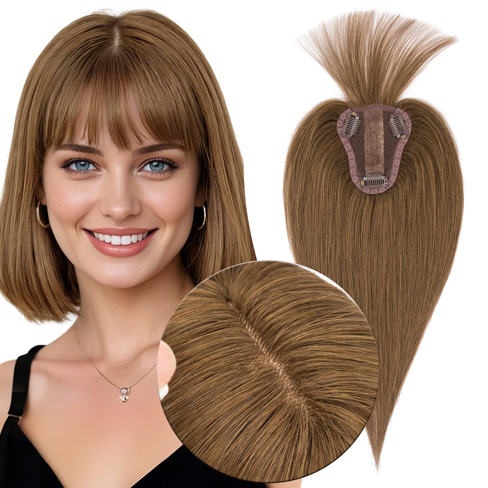 Photo 1 of MY-LADY Human Hair Toppers for Women Real Human Hair with Bangs Thin 8 * 10CM Lace Silk Base Clip in Remy Hairpieces Hand-Tied Light Weight 8 Inch Dark Brown