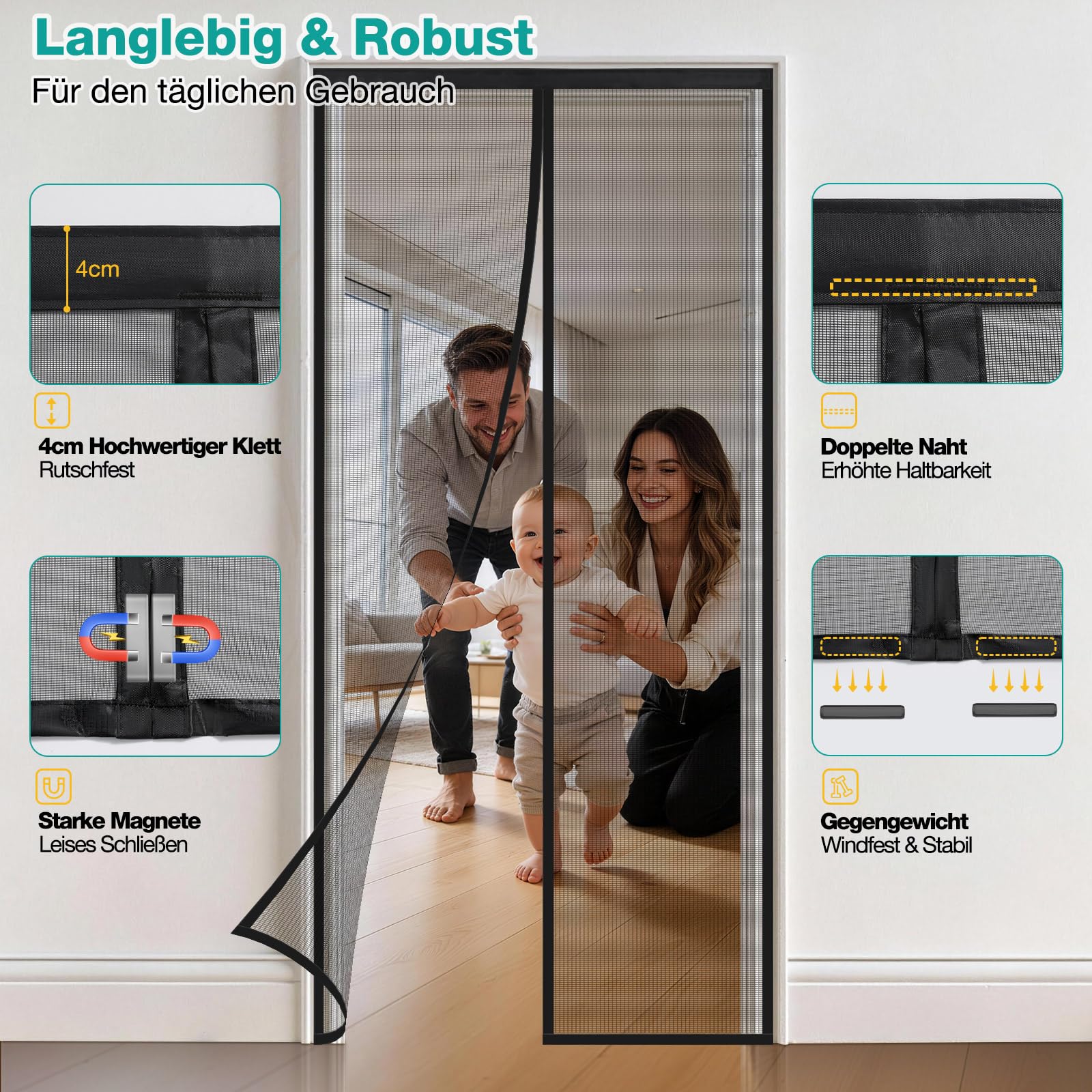 Fliegengitter Balkontür 220x210cm, Magnetische Fliegengitter Tür Ohne Bohren, Lichtdurchlässig, Reißfestes Polyester-Material, Insektenschutz, Einfache Montage, Nicht Kürzbar, Schwarz