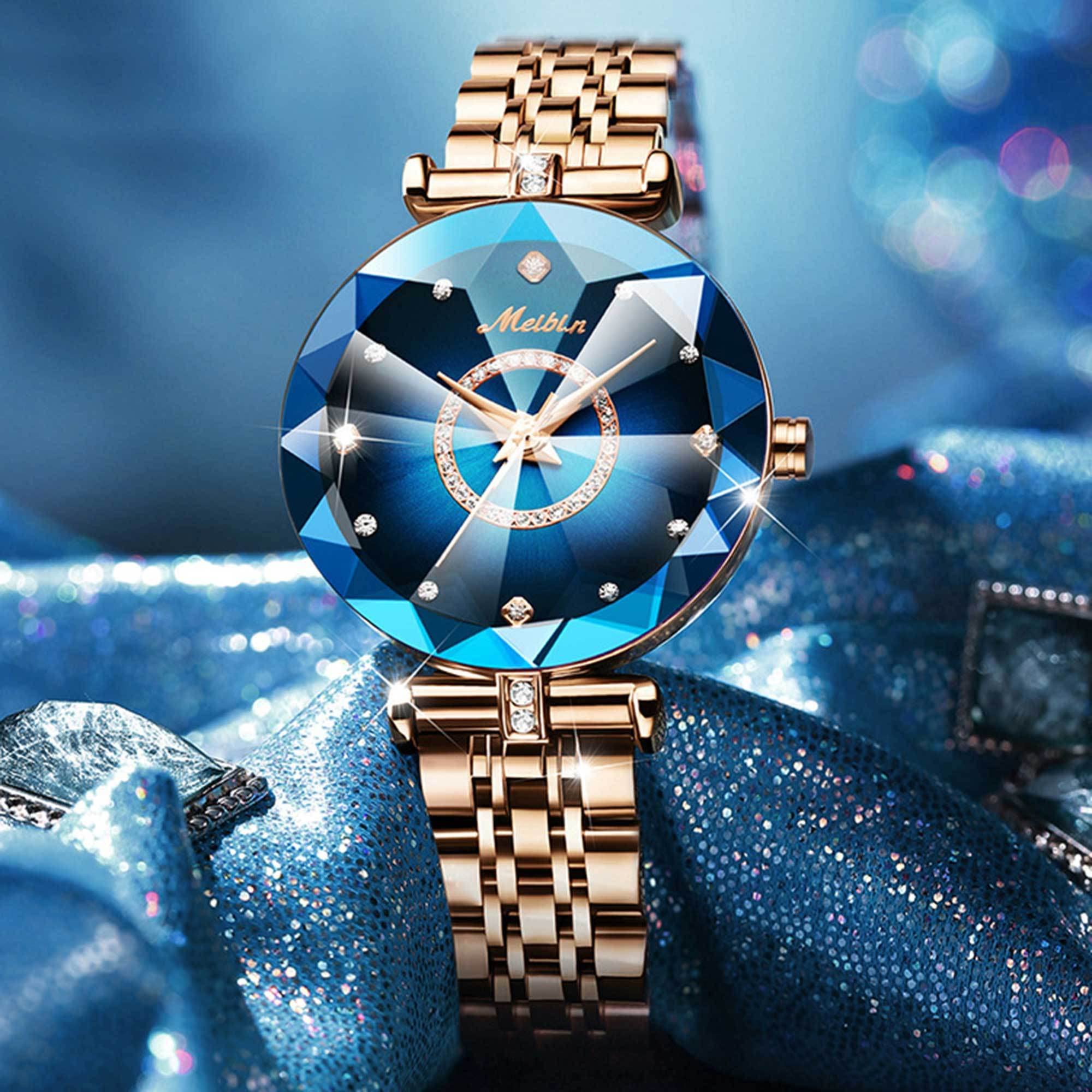 findtime Uhr Damen Analog Quarz Armbanduhren Gold Klassische Mode Damenuhr Edelstahlarmband Blaues Zifferblatt Blume 3ATM Wasserdicht Elegant Armreif Frauen Diamant Designer