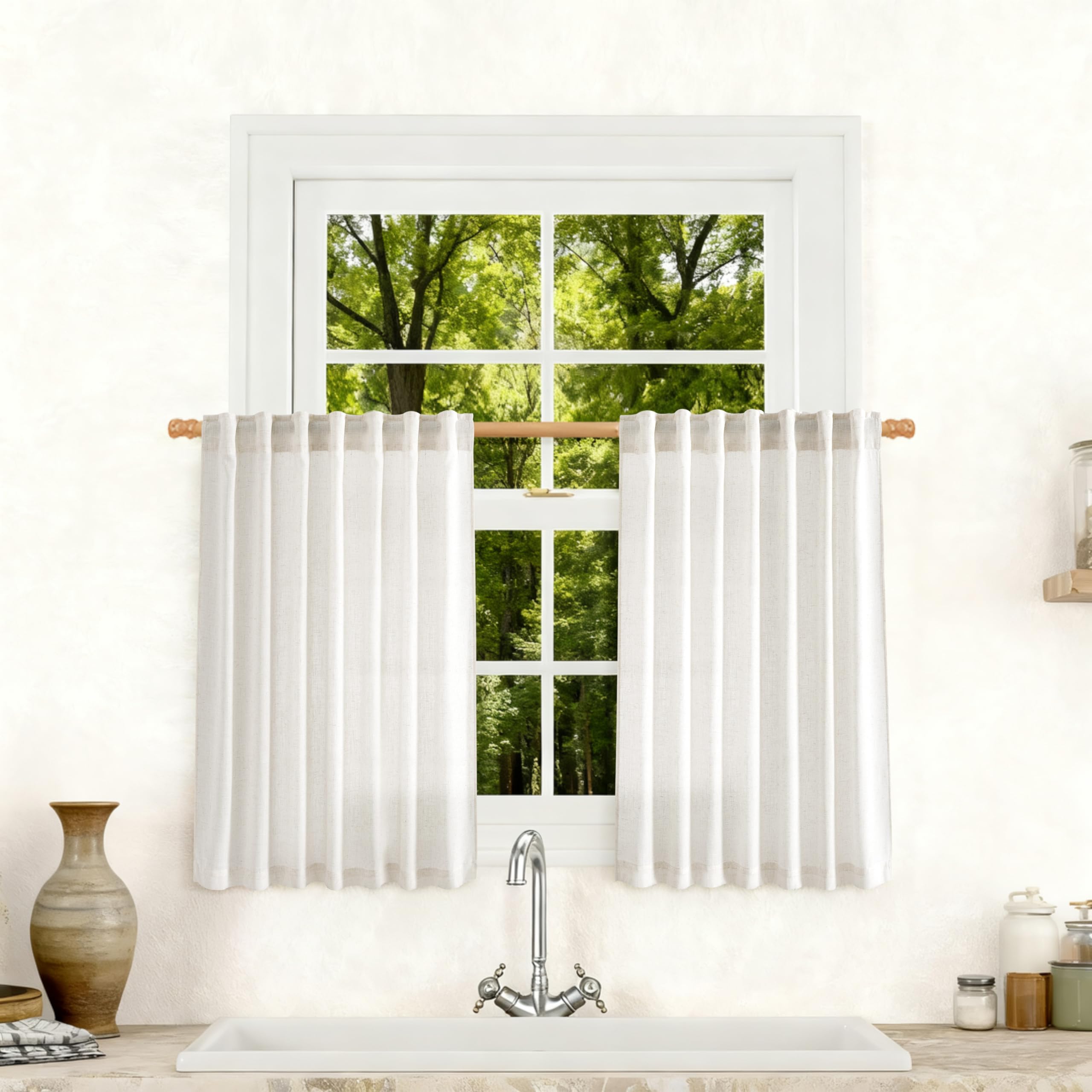 Jowels Cream Natural Linen Curtains 40 inch Length 2 Panels Set Boho Farmhouse Living Room Drapes Light Filtering Rod Pocket Back Tab Privacy Semi