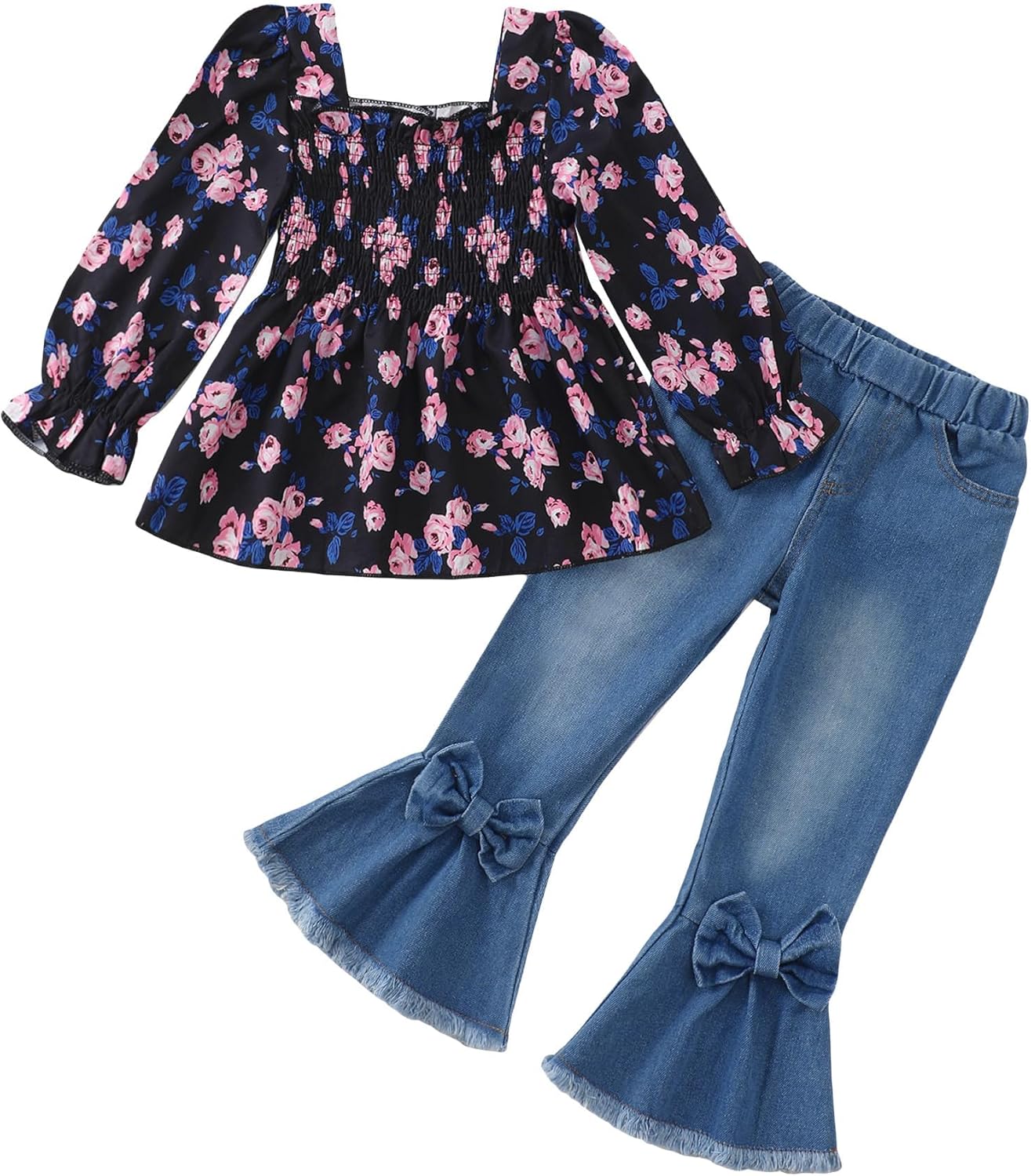 Kucnuzki Toddler Kids Girl Clothes Long Sleeve Shirt Tops Baggy Jeans Cute Pants Set Baby Girl Outfit 2 Piece Clothing