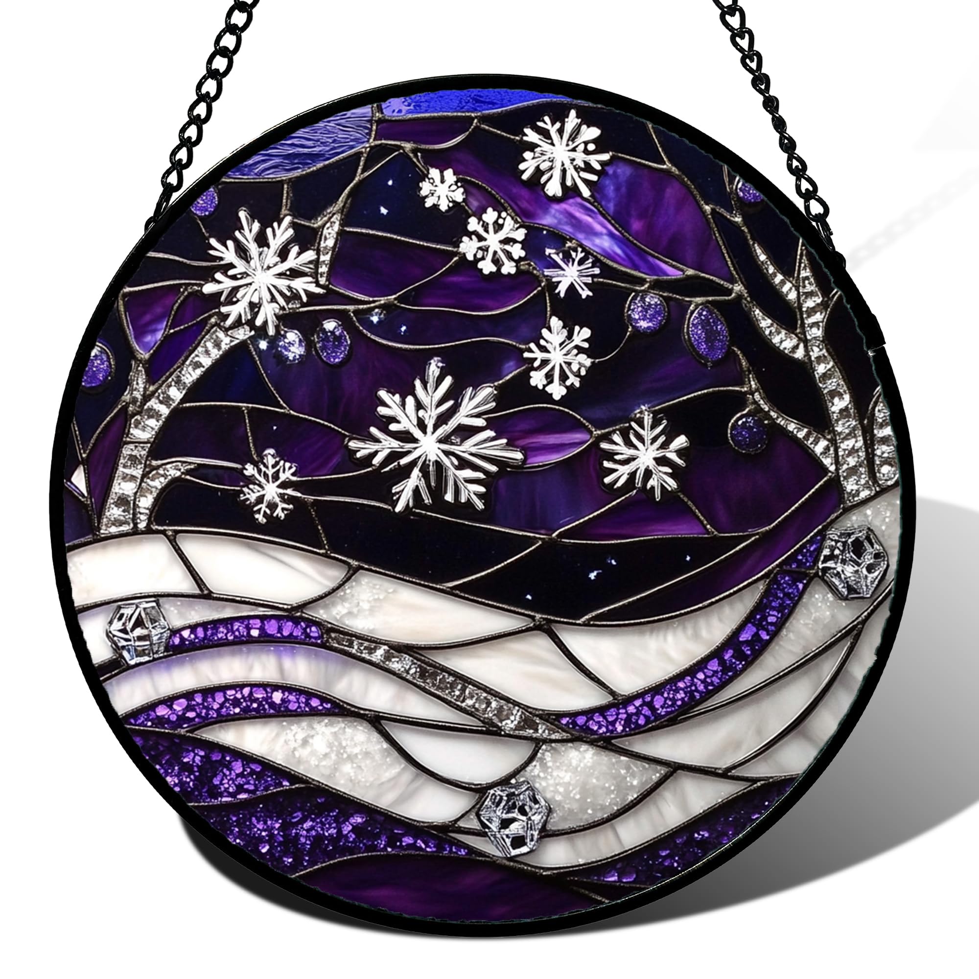 Stained Acrylic Puzzle Suncatcher,7.48in Purple‑Tone White‑Snowflake Xmas Home Door Window Decor Gift