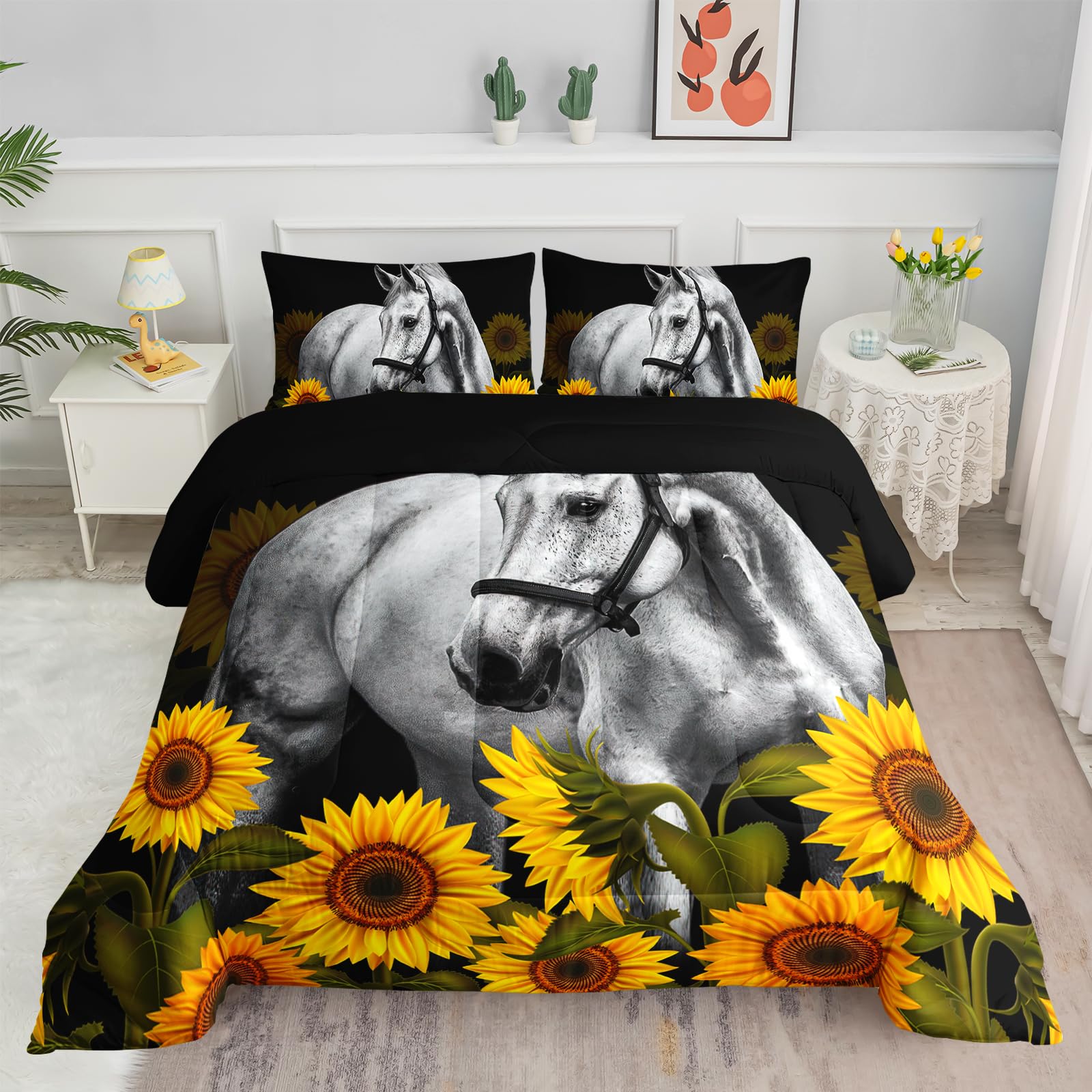 Axolotl Juego de ropa de cama de caballo, juego de edredón de girasol, juego de ropa de cama floral campestre, edredón de caballo galopante, juego de ropa de cama de girasol para niños, niñas,