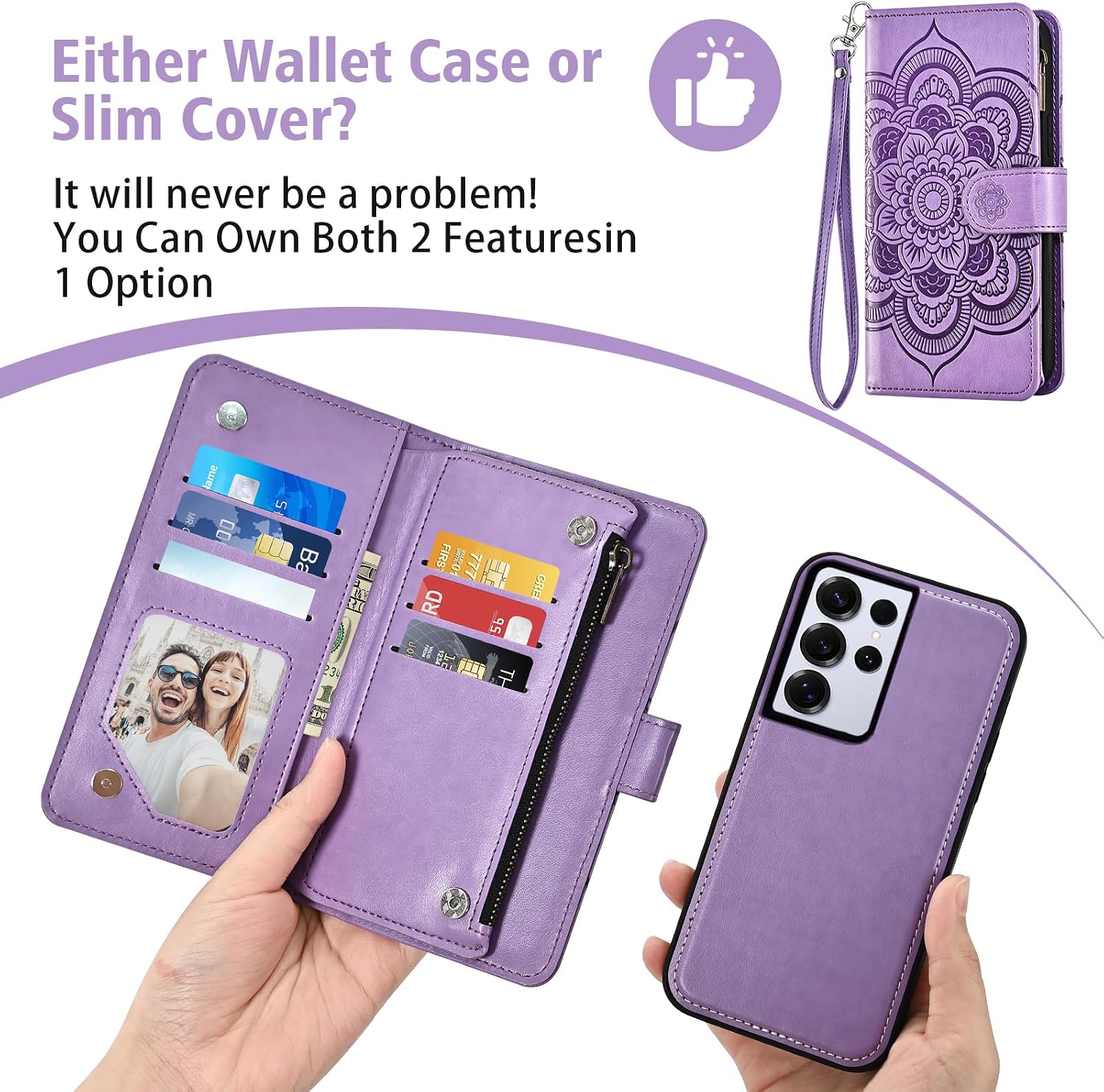 Phone Case for Samsung Galaxy S25 Ultra 5G Zipper Wallet Cell Cover with Tempered Glass Screen Protector Crossbody Lanyard Strap Flower Card Holder S25Ultra 25S S 25 25Ultra 6.9 2025 Women Men Purple