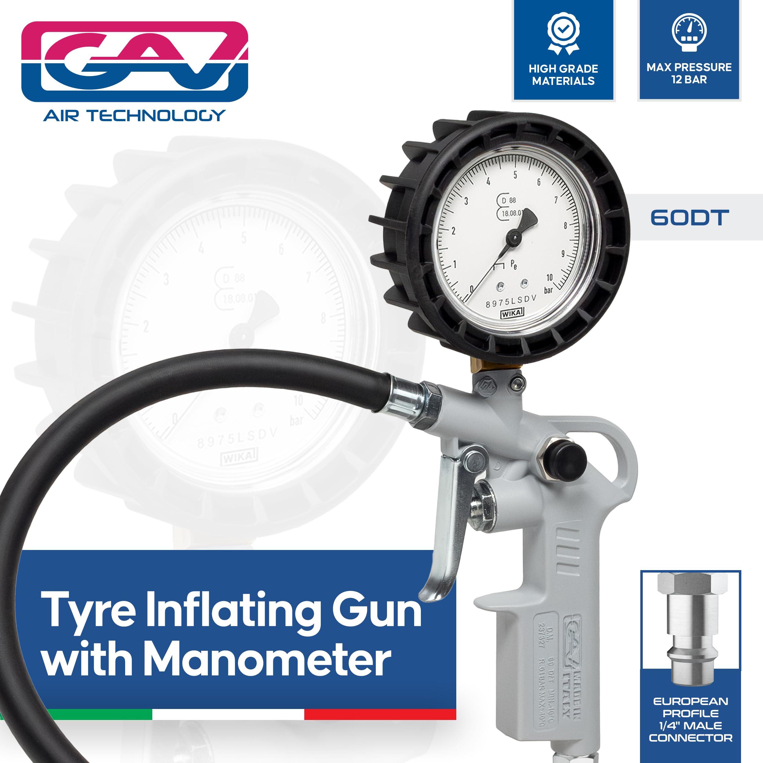 GAV Reifenfüller Messgerät mit WIKA 63mm Manometer - Reifenfüllpistole aus Aluminium - Profi Reifendruckprüfer Druckluft für Auto, Motorrad, Lkw - 60DT - Geeicht