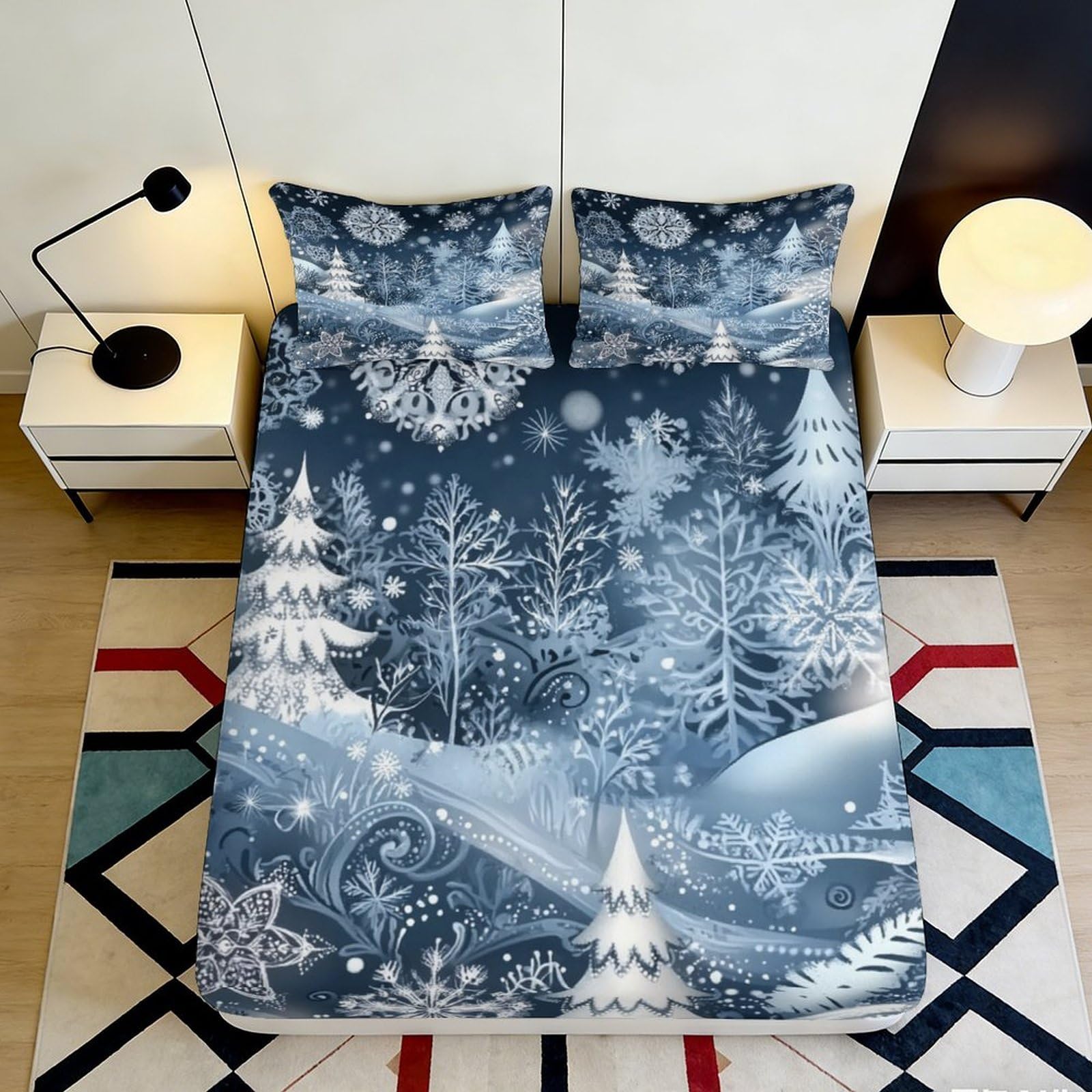 3D Printed Winter Forest Fitted Sheet Microfiber Snow Night Bed Cover Antislip Machine Washable for Bedroom Decor 90x200x25cm