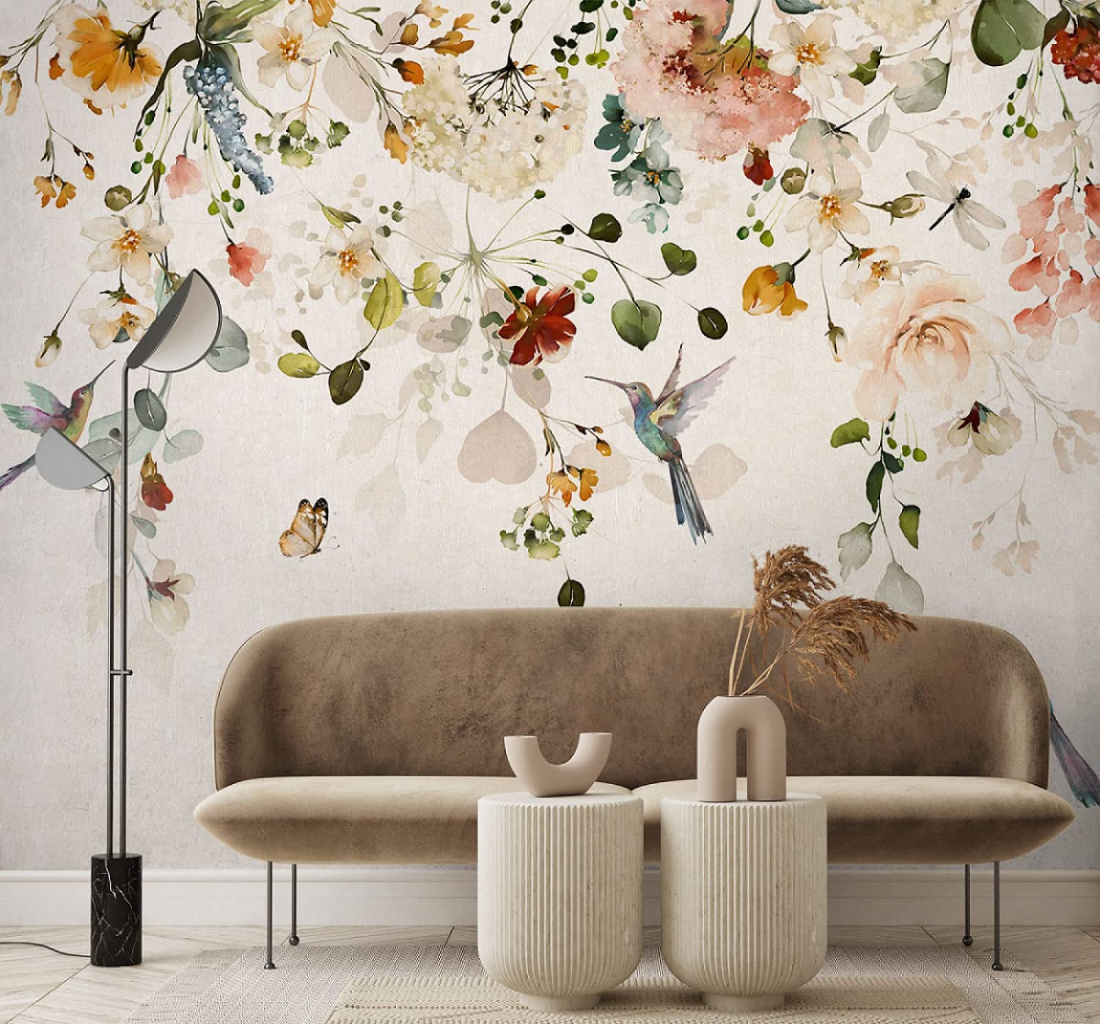 Fototapete 3D Tapete Elegante Blumen Und Vögel Im Aquarellstil Fototapete 3D Effekt Wandtapete Vliestapete Wandbilder XXL Wanddeko Tapeten