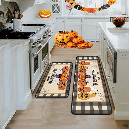 Miniatura 7 de Juego de 2 alfombras de cocina con calabaza de Halloween, lavables, antideslizantes, para decoración de cocina del hogar, fregadero, oficina,