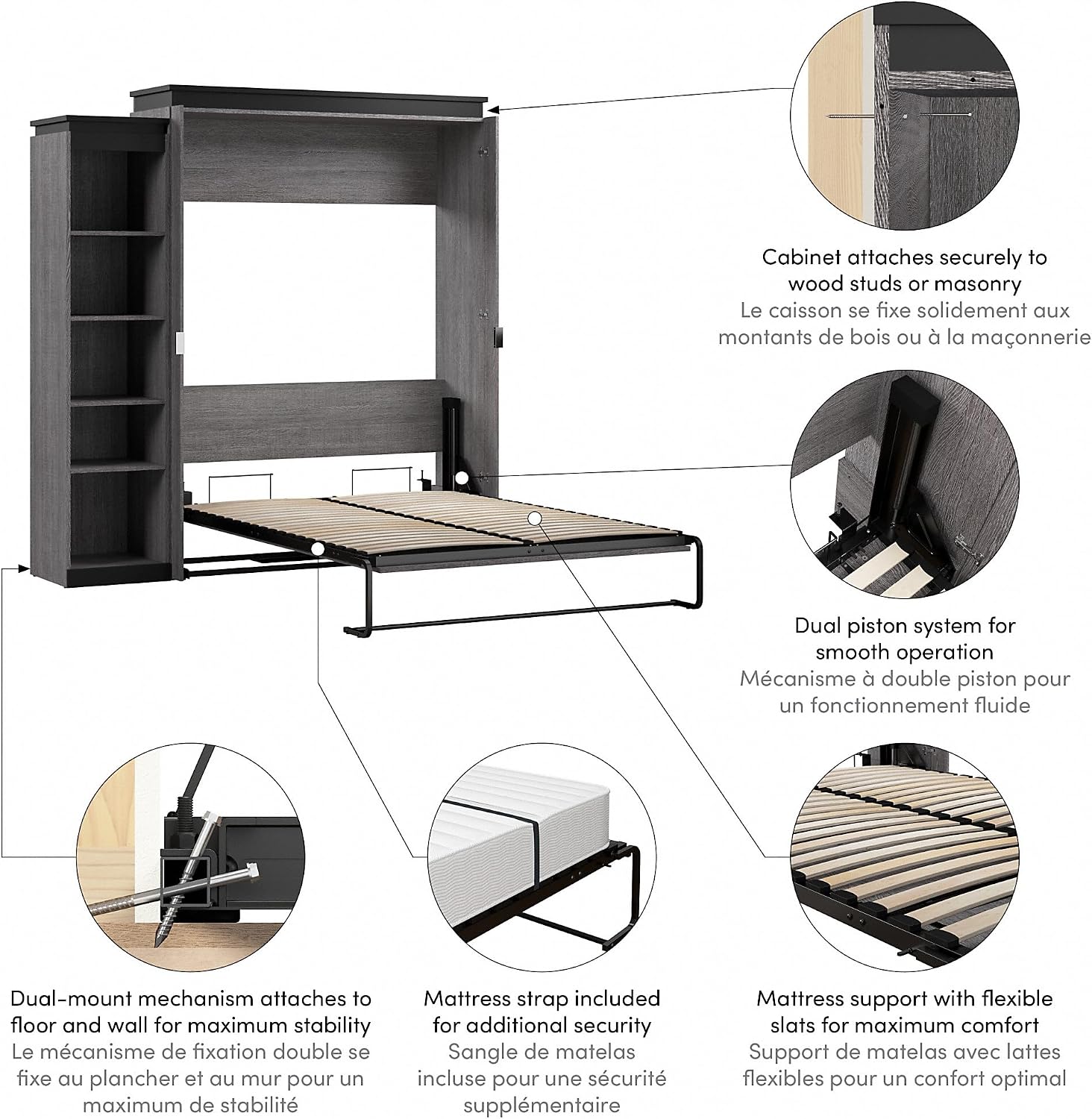 Bestar Orion Queen Murphy Bed with Shelves (87W) in Bark Grey and Graphite, Sleeping Arrangement with Storage