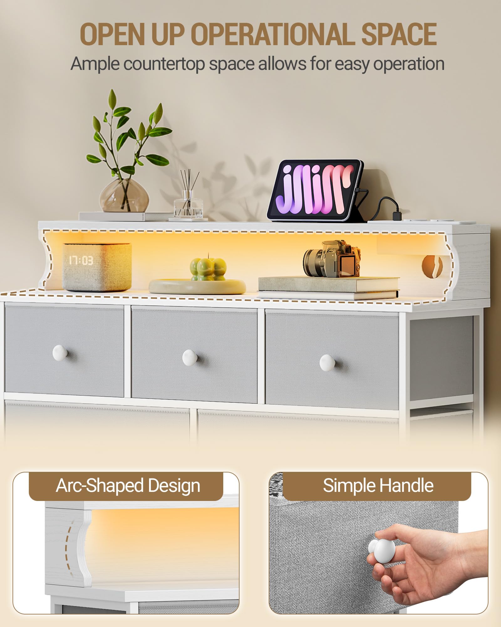 Hzuaneri Kommode mit 9 Schubladen, LED-Lichtleiste, 2 USB & 2 AC-Anschlüsse | Vielseitiges Aufbewahrungsmöbel für Wohnzimmer und Schlafzimmer, 30 x 100 x 95 cm, Weiß-Grau DU02913WEU