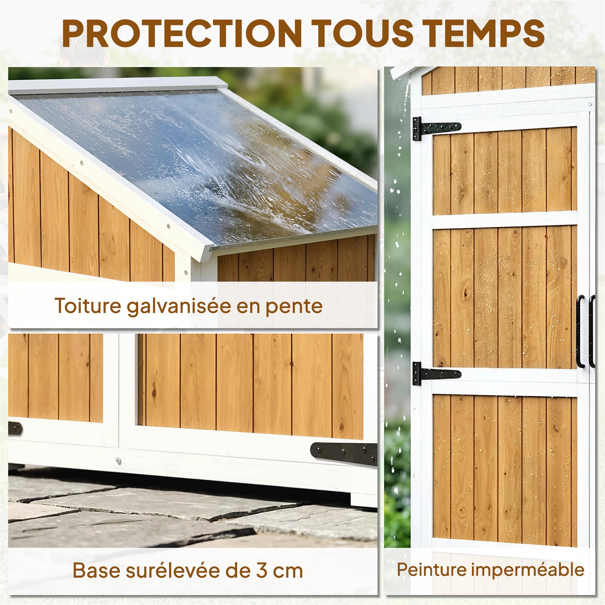 Outsunny Armoire de Jardin en Bois - Abri de Jardin Extérieur Étanche avec Toit en Métal - Meuble de Rangement Terrasse à Double Porte pour Outils de Jardinage 105x55x179cm, Blanc et Naturel