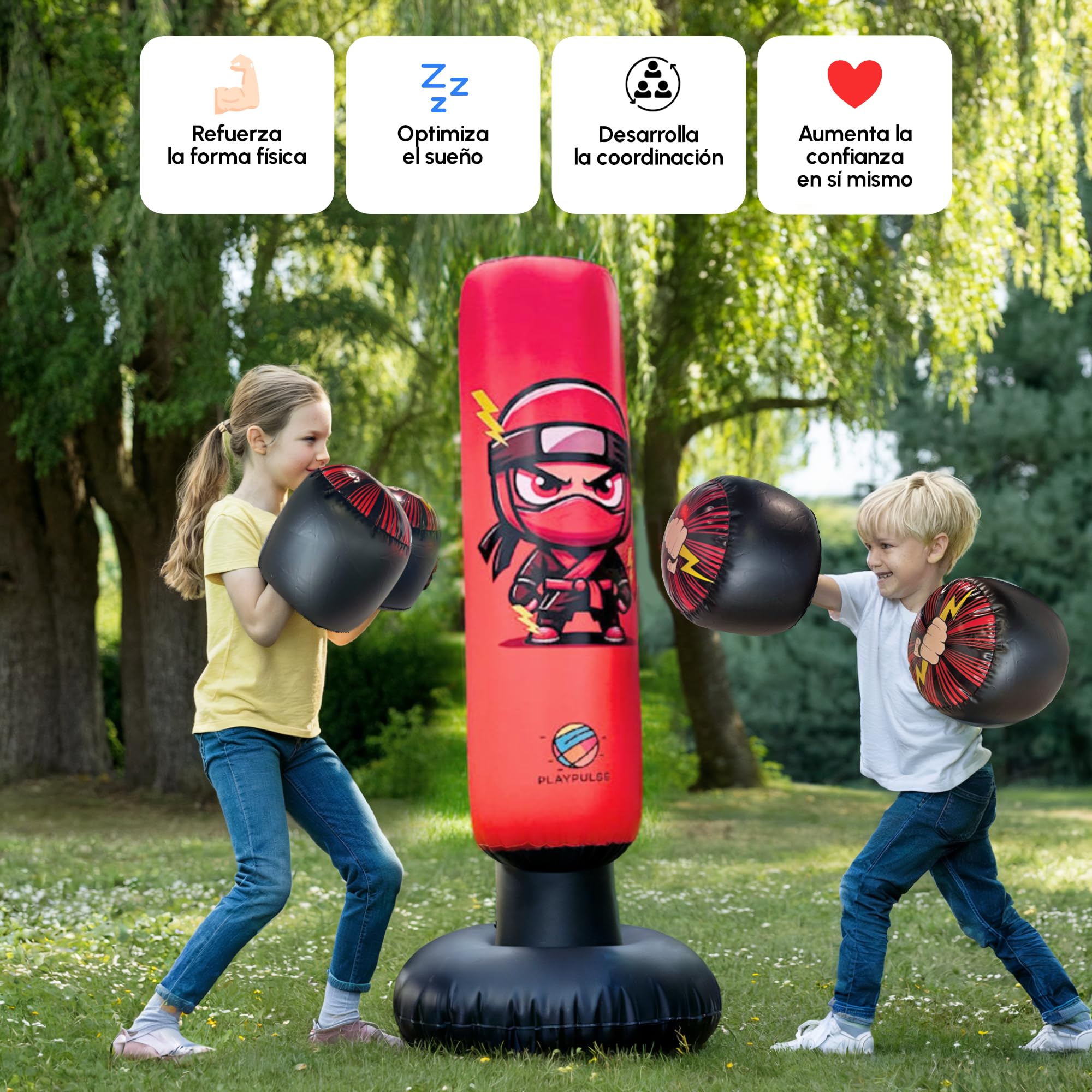 Saco de Boxeo Infantil 160CM - Punching Ball para Niños + Bomba Eléctrica + Guantes de Boxeo Inflables - 3 a 10 Años - Juguete para Exterior e Interior - Saco de Boxeo de Pie