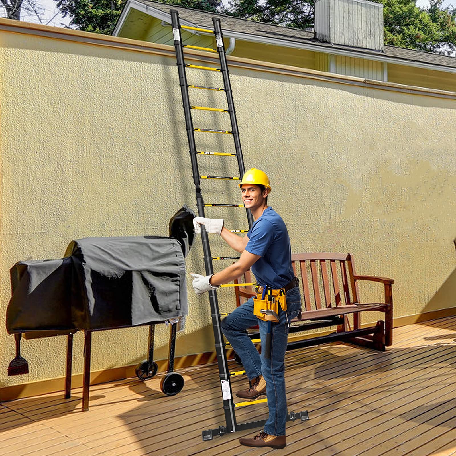 UISEBRT Drabina teleskopowa 3,8 m, składana, aluminiowa, wielofunkcyjna, antypoślizgowa, aluminiowa, wielofunkcyjna, składana, maks. obciążenie 150 kg, czarna (1,9 + 1,9 m)