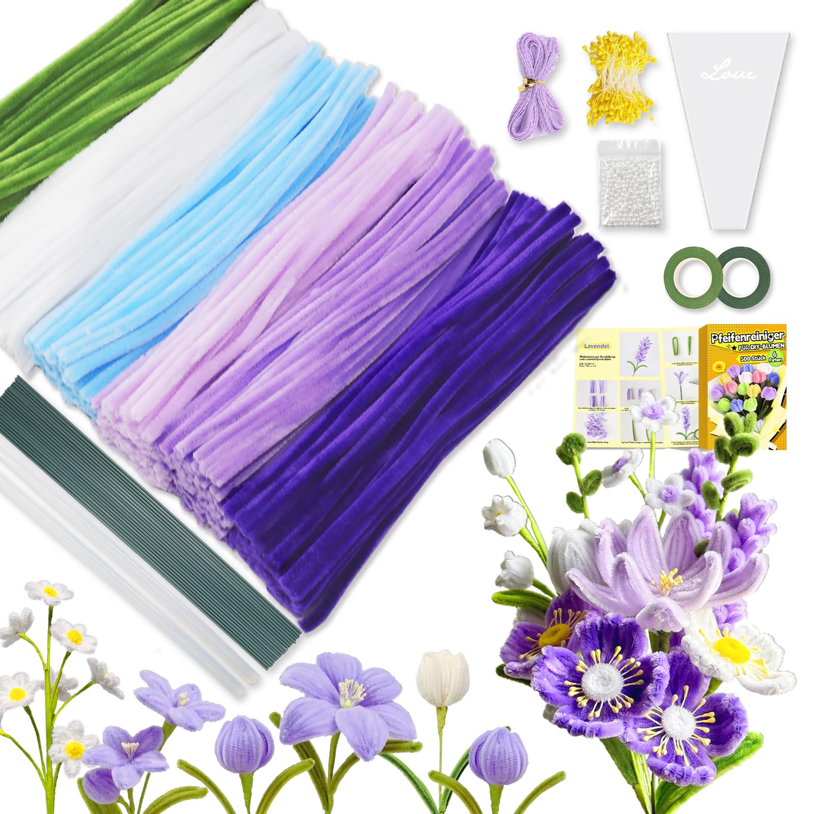 iDattel Pfeifenreiniger Basteln Set 500 Stück 6 Farben,Lidschatten (Lila) Reinigungseinrichtung,Pfeifenreiniger blühend 