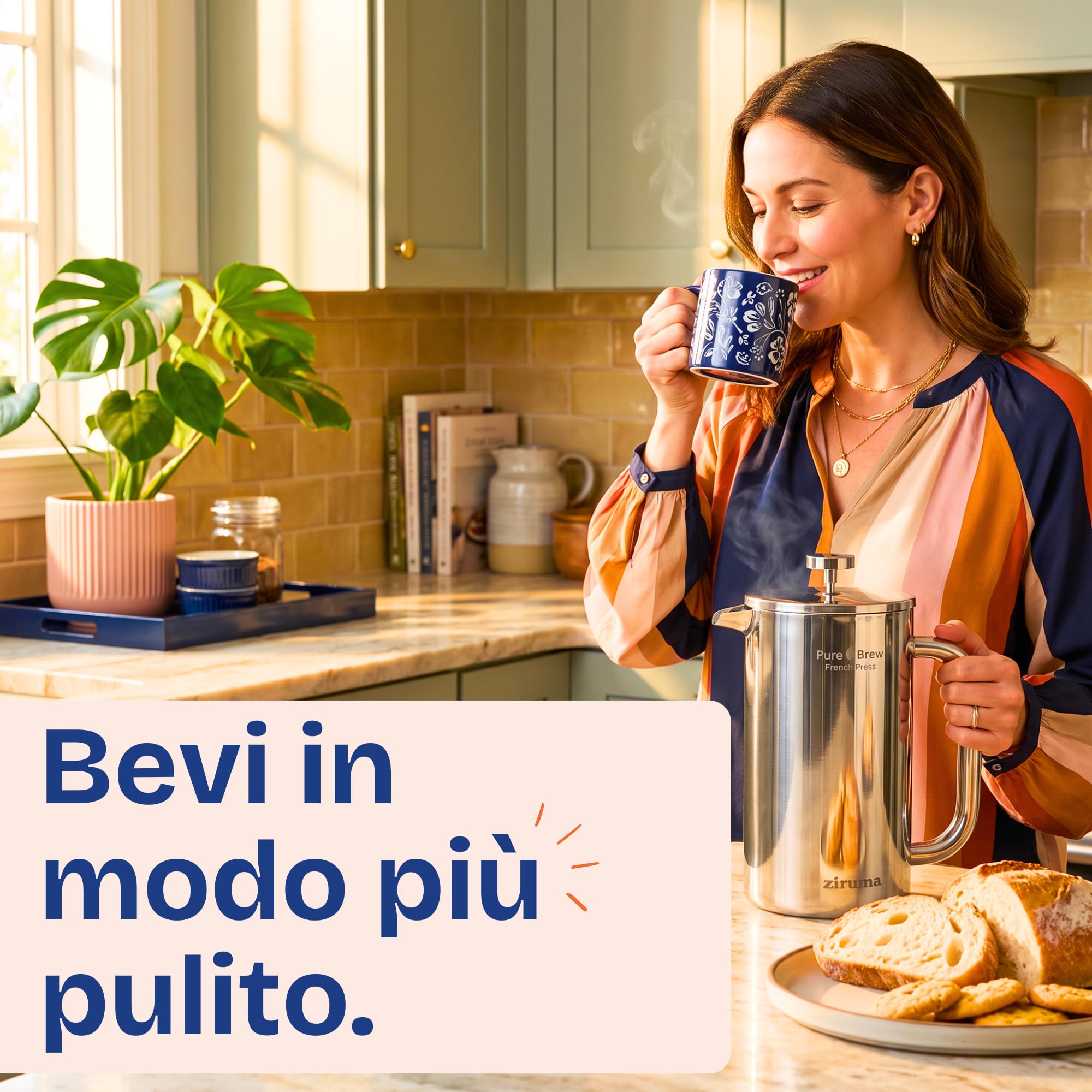 Ziruma Non Tossico Caffettiera a Stantuffo Acciaio, Senza Plastica, 1L