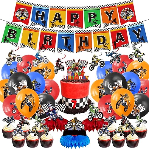 Miniatura 1 de Dirt Bike Birthday Party Decorations for Boys, 61PCS Motorcycle Birthday Party Supplies Includes Banner, Cake Toppers, Hanging Decorations,