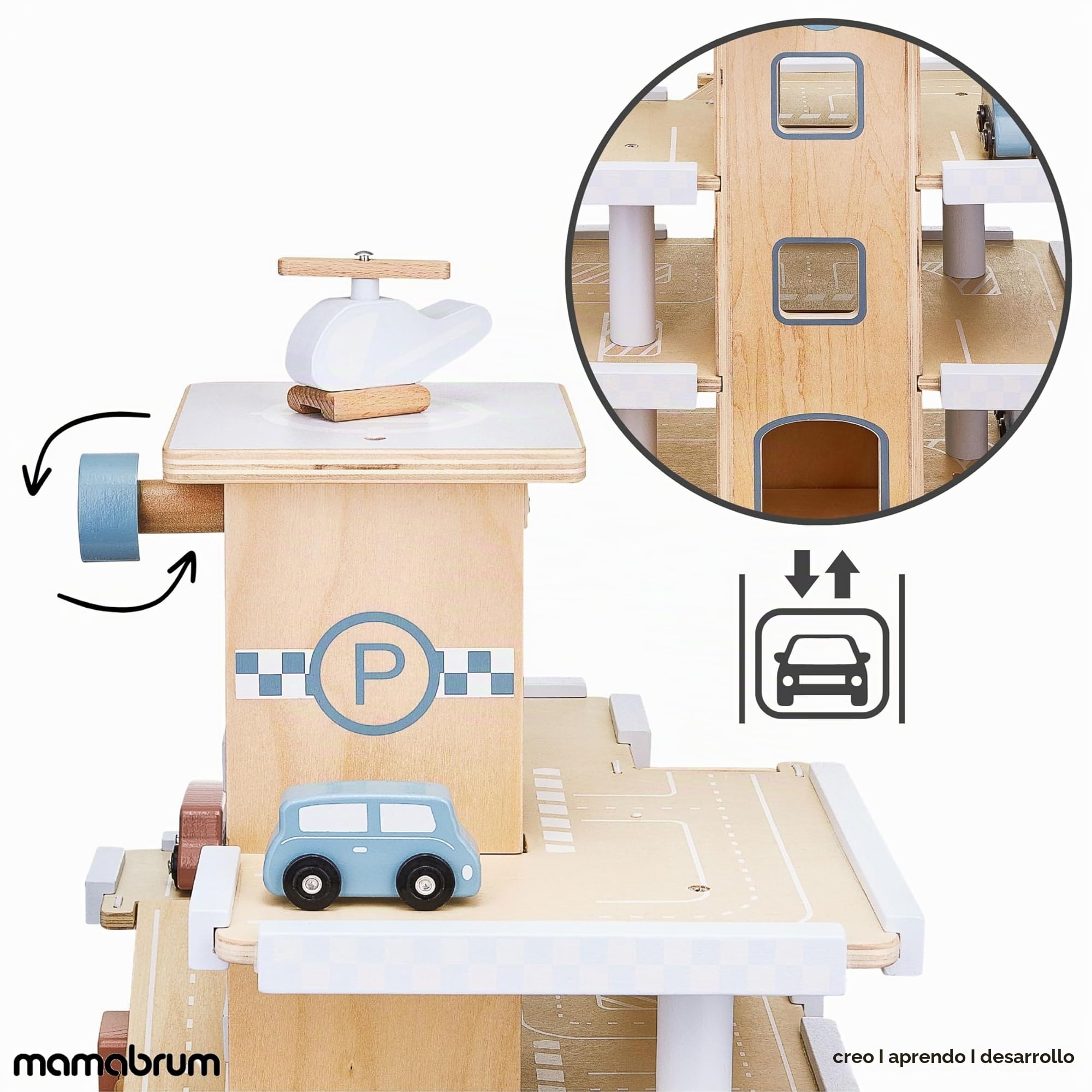 Mamabrum Garaje Coches Juguete de Madera con 3 Niveles - Estacionamiento Infantil con Ascensor Móvil, Pista de Aterrizaje y Accesorios - Set Completo 4 Autos y Helicóptero - 45x30x37cm