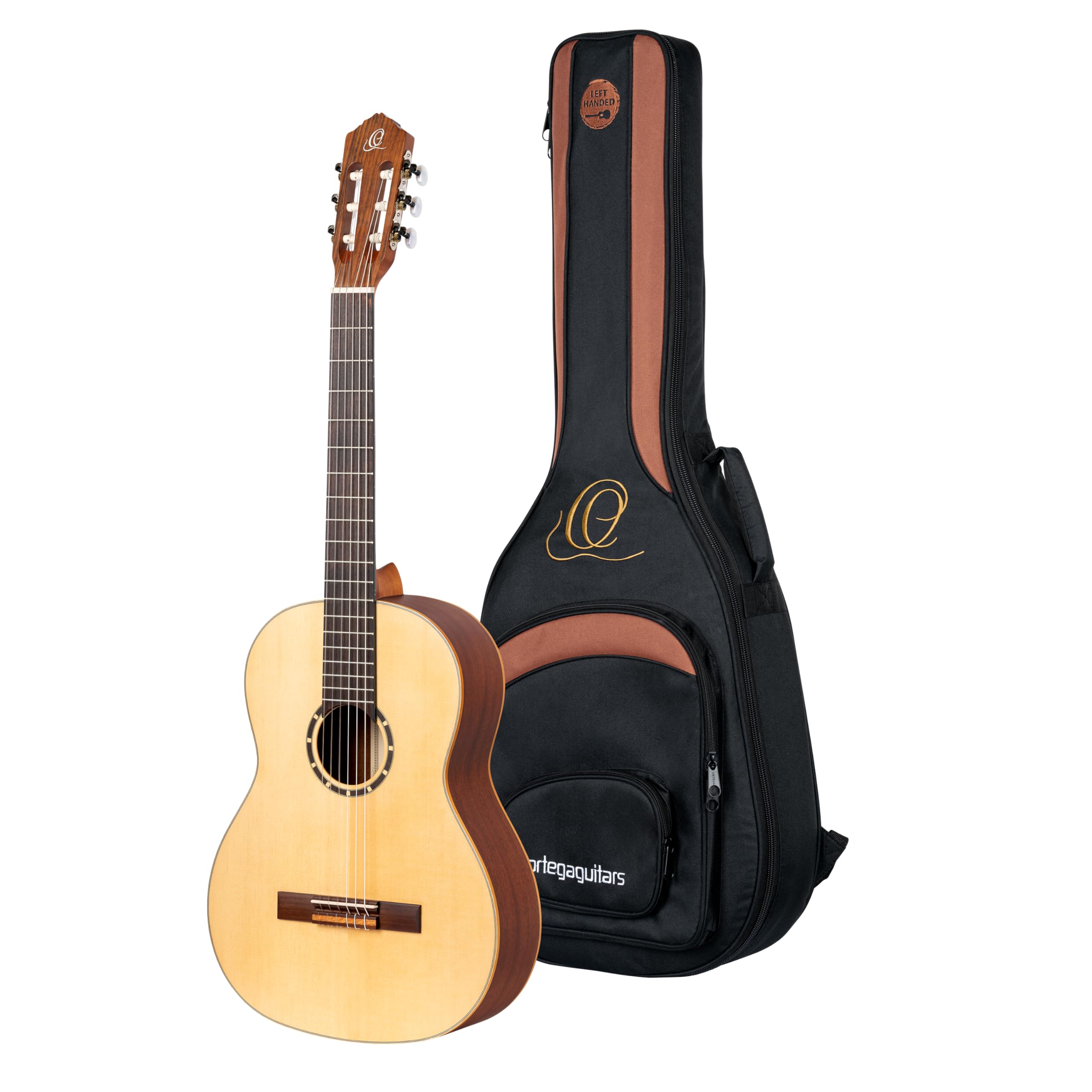 Ortega Guitars Konzert Gitarre Linkshänder – 4/4 – Family Series – Inklusive Gig Bag – Fichte, Mahagoni, Natur (R121L) | Nylonsaitengitarre, Fichtendecke & Mahagoni-Korpus Satin-Finish, inkl. Pro-Gigbag, R121L
