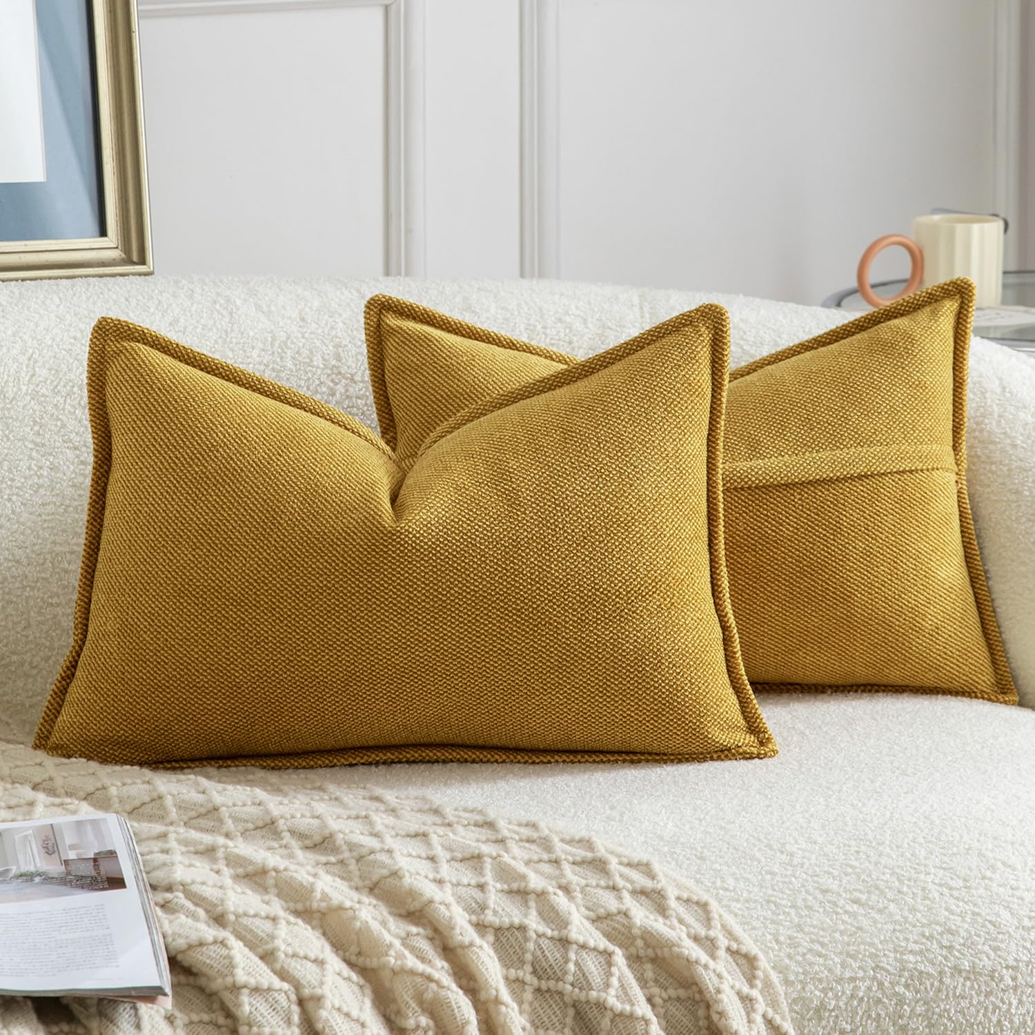 Madizz Decorative Chenille Mustard Yellow Cushion Covers 40x60 cm Pack of 2 Throw Pillows for Couch Sofa Boho Accent Pillow Cases for Bed Cushion for Bedroom Living Room Modern Home Decor