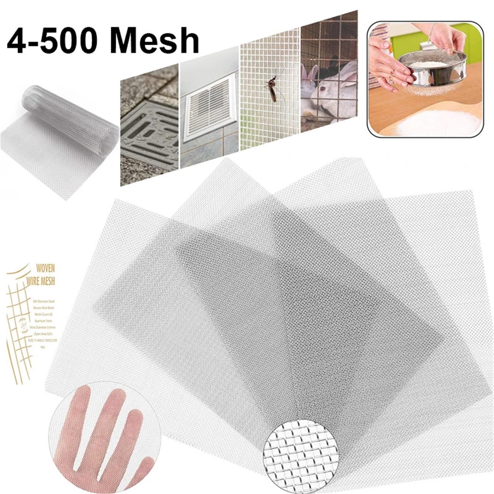 Tamiz de harina, 1 Unidad, Malla Filtro Acero Inoxidable 4-500 Mallas, Frontal Metal, Fija, Alambre Tejido(300mesh,30x60cm)