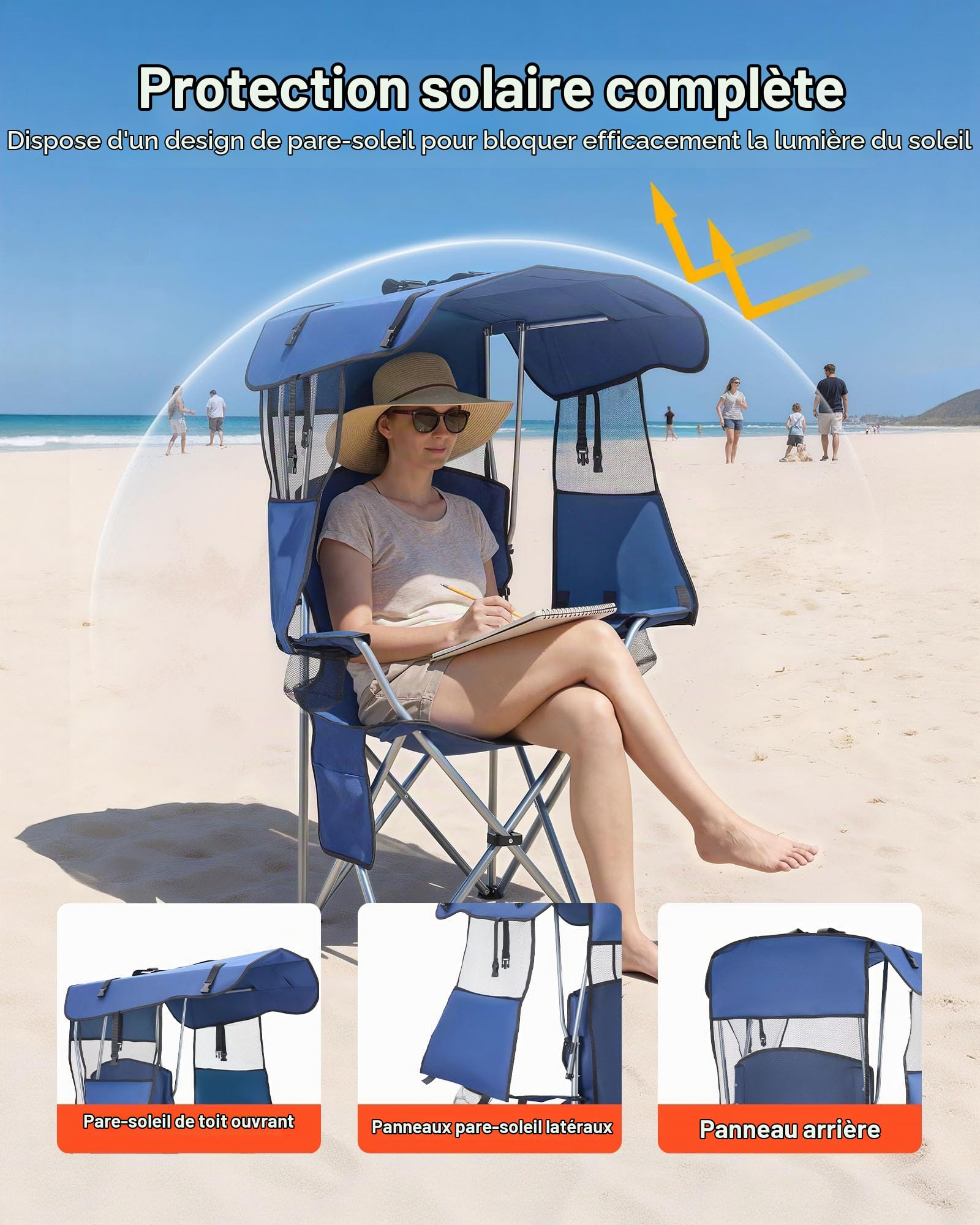 VEVOR Chaise de Camping Pliante avec Auvent, Fauteuil Pliable Camping Charge Maximale 150 kg, pour Pique-Nique Randonnée Pêche en Plein Air, avec Porte-gobelet et Pochette pour Magasines, Bleu Foncé