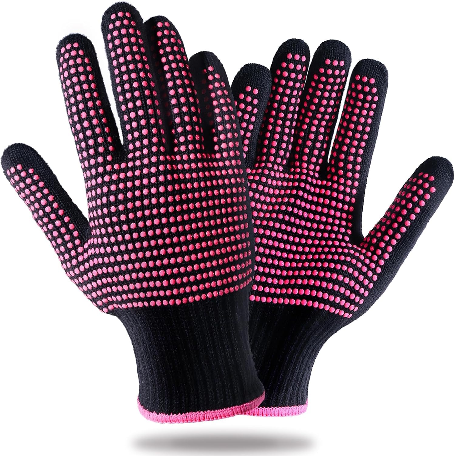 2 Pcs Heat Resistant Gloves With Silicone Bumps, Professional Heat Proof Glove Mitts For Hair Styling Curling Iron Wand Flat Iron Hot-Air Brushes Sublimation Gloves （Rose Red）