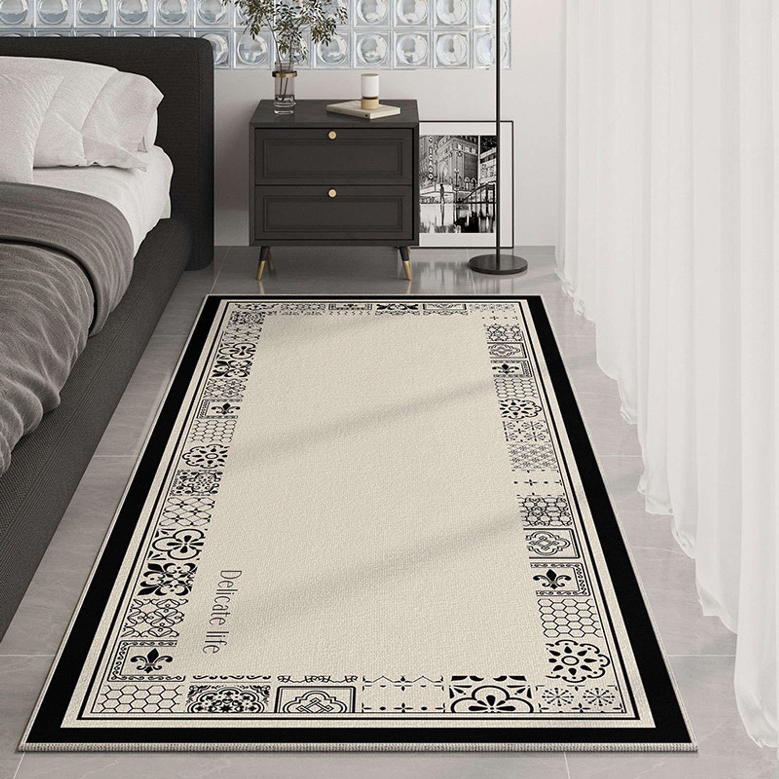 Moquette noir 140x200cm shaggy haut de gamme au toucher soyeux et design épuré