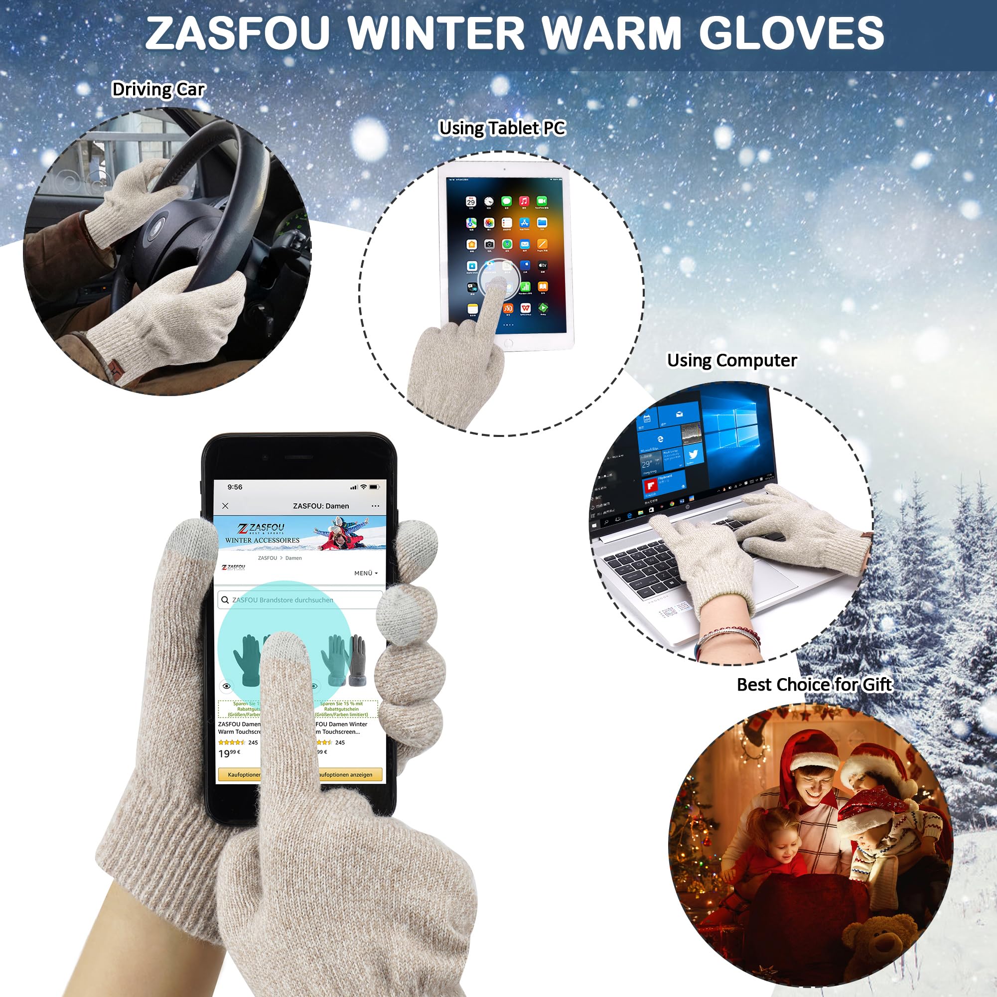 ZASFOU Damskie zimowe ciepłe czapki beanie, długi szalik, rękawiczki dotykowe - zestaw dzianinowych szalików na szyję i czapek typu skull cap z polarem, prezenty dla kobiet, Biały, beżowy, Rozmiar