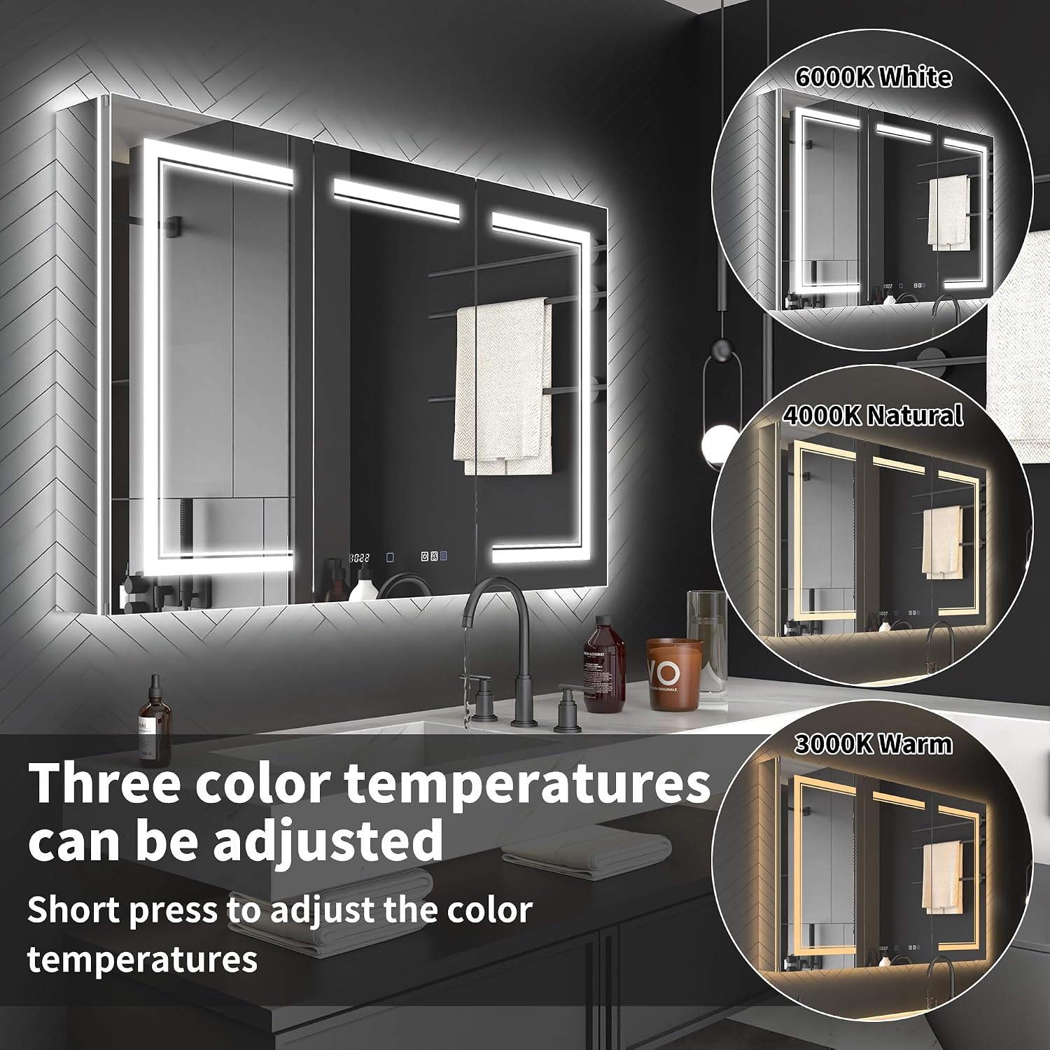 ExBrite medicine cabinet mirror displaying three adjustable color temperatures: 6000K White, 4000K Natural, and 3000K Warm.