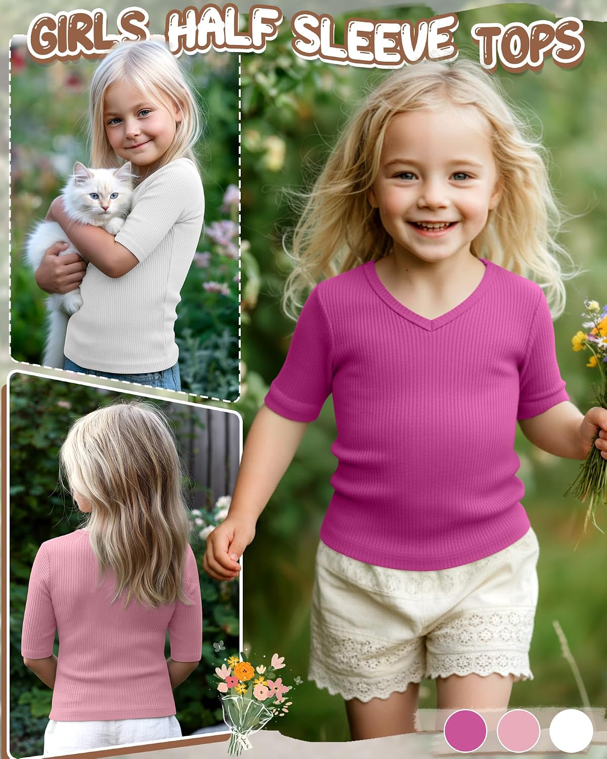 3 Pcs Toddler Girls Half Sleeve Tops Kids Cotton Ribbed T Shirts Slim Fit V Neck Elbow Length Basic Tee Size 18m-5t