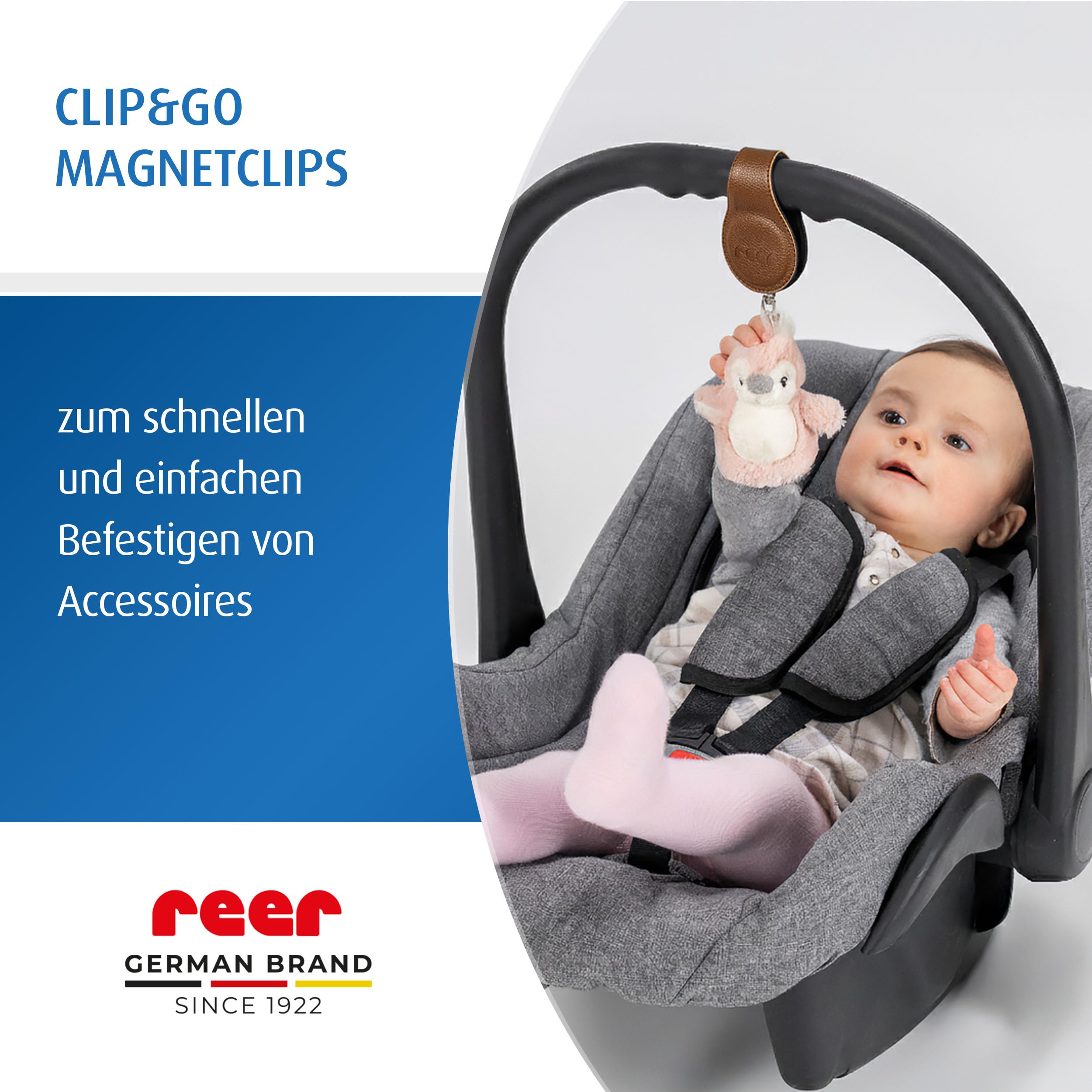 reer Clip&Go Magnetclip für Kinderwagen & Babyschalen | 2er-Set zum Befestigen von Mulltüchern & Spielzeug | starker Halt ohne Haken oder Klettverschluss | braun