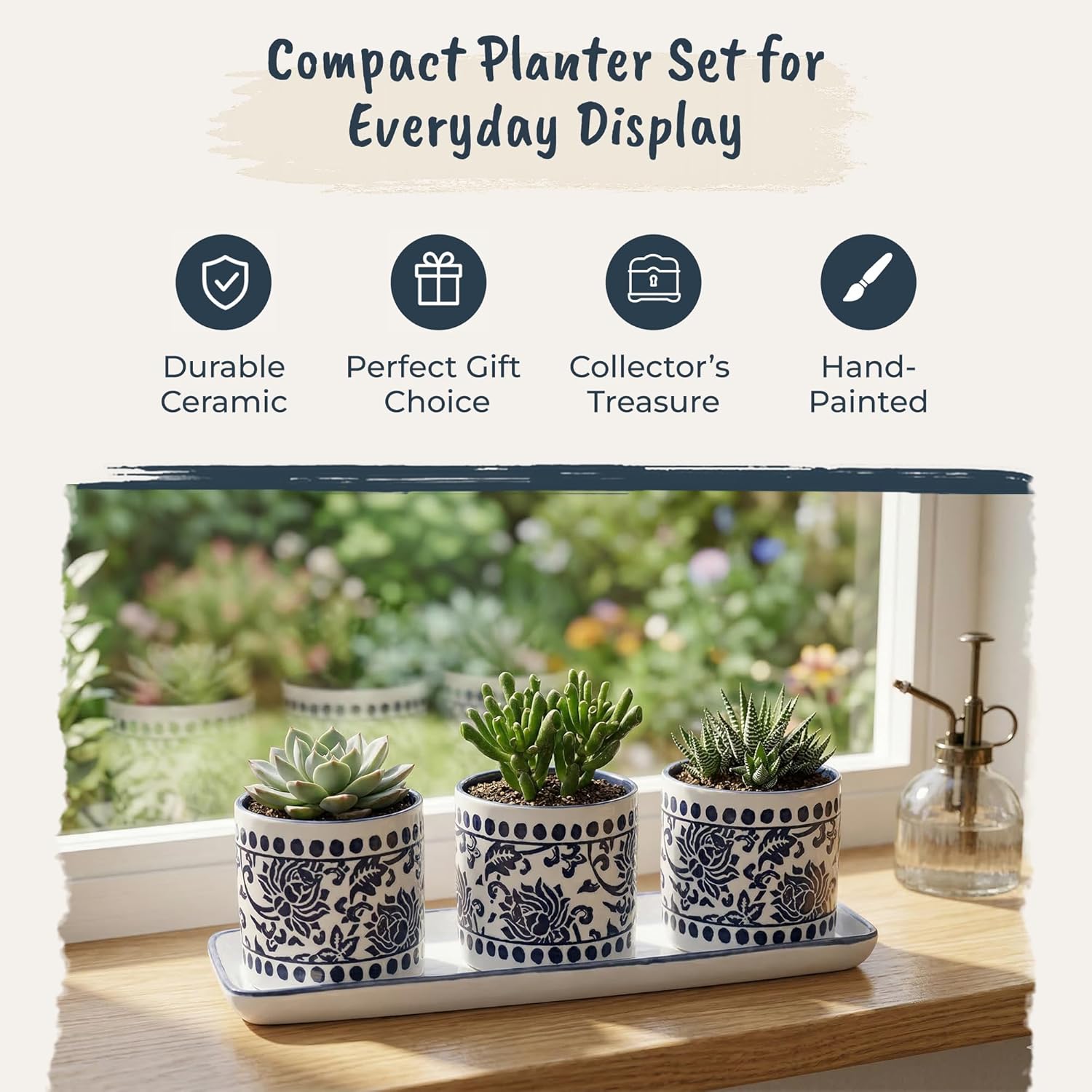 Blue Sky Clayworks China Charm Set of 4 Planters with Tray, 15" Tray, Blue and White Table Garden