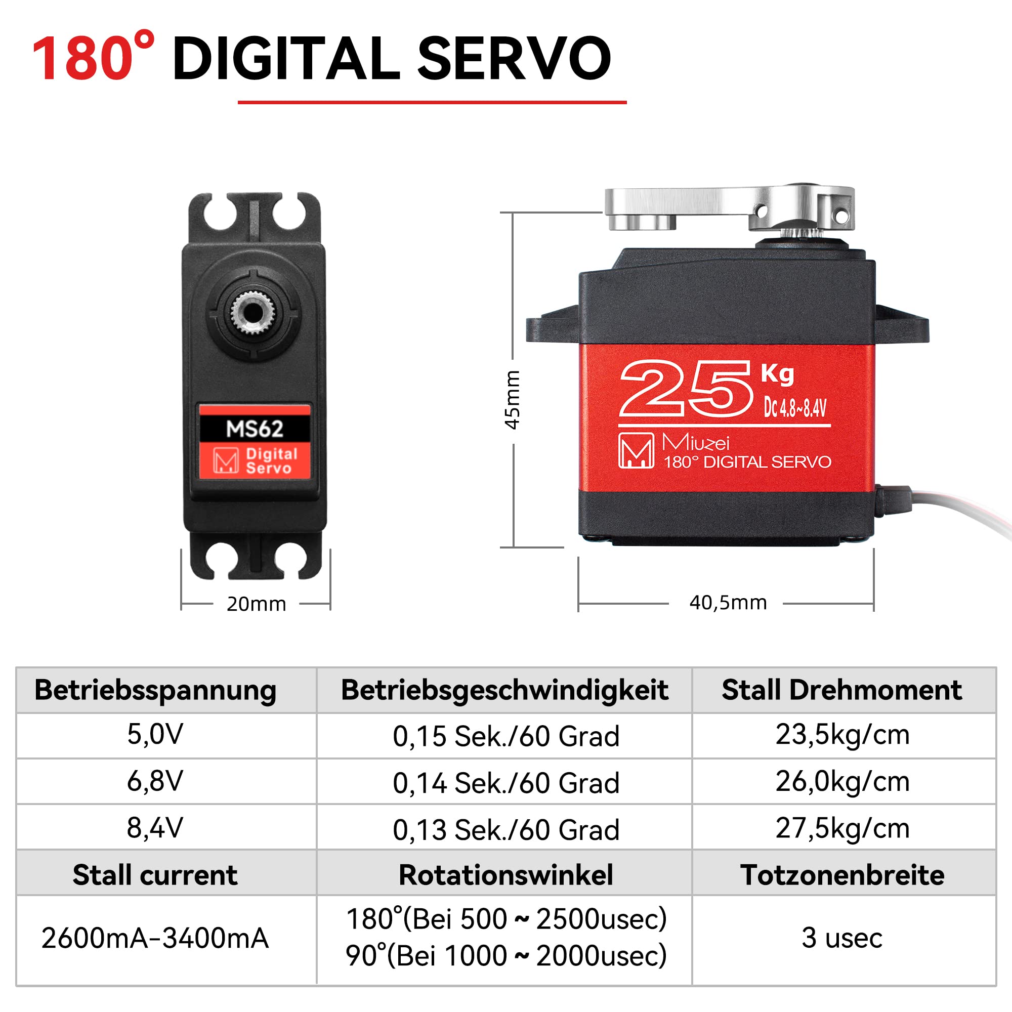 Miuzei Servo RC da 25 kg, 180°, digitale, 8,4 V, ingranaggi in metallo per camion Crawler | 3 pezzi, 0,14 s, paraspruzzi, forte braccio in alluminio CNC, 25T, servo sterzo per 1/8 1/10 Truggy escavatore barca robot