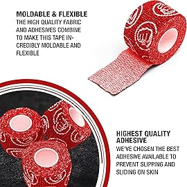 WOD Nation Weightlifting Hook Grip Athletic Tape - Sweat-Proof Grip Tape for Powerlifting - Easy-Tear Thumb & Finger Wraps - Versatile for Gymnastics & Climbing - Pack of 12, 23 ft Rolls, Red
