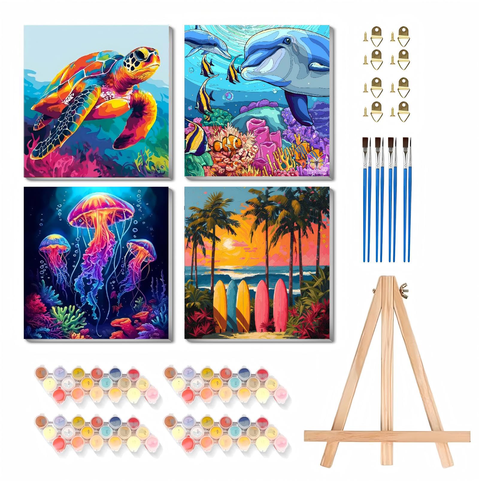 askkqtx 4 Pack Sea Animals Paint by Numbers for Adults with Frame 8x8 Inch โ image 1