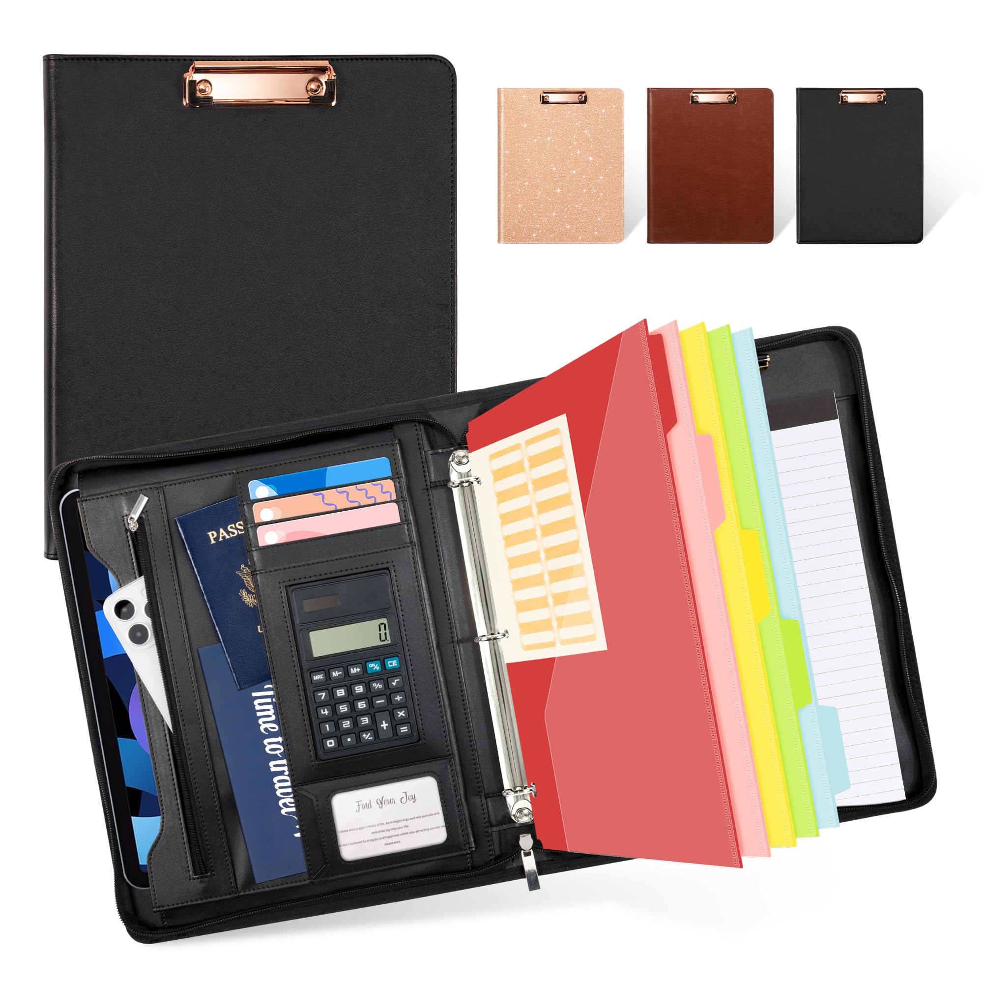 Ospelelf Zippered Padfolio Portfolio Folder, Leather Clipboard with Storage, 3 Ring Binder 1 Inch,12.1” Tablet Sleeve, 5 Dividers with Pocket,